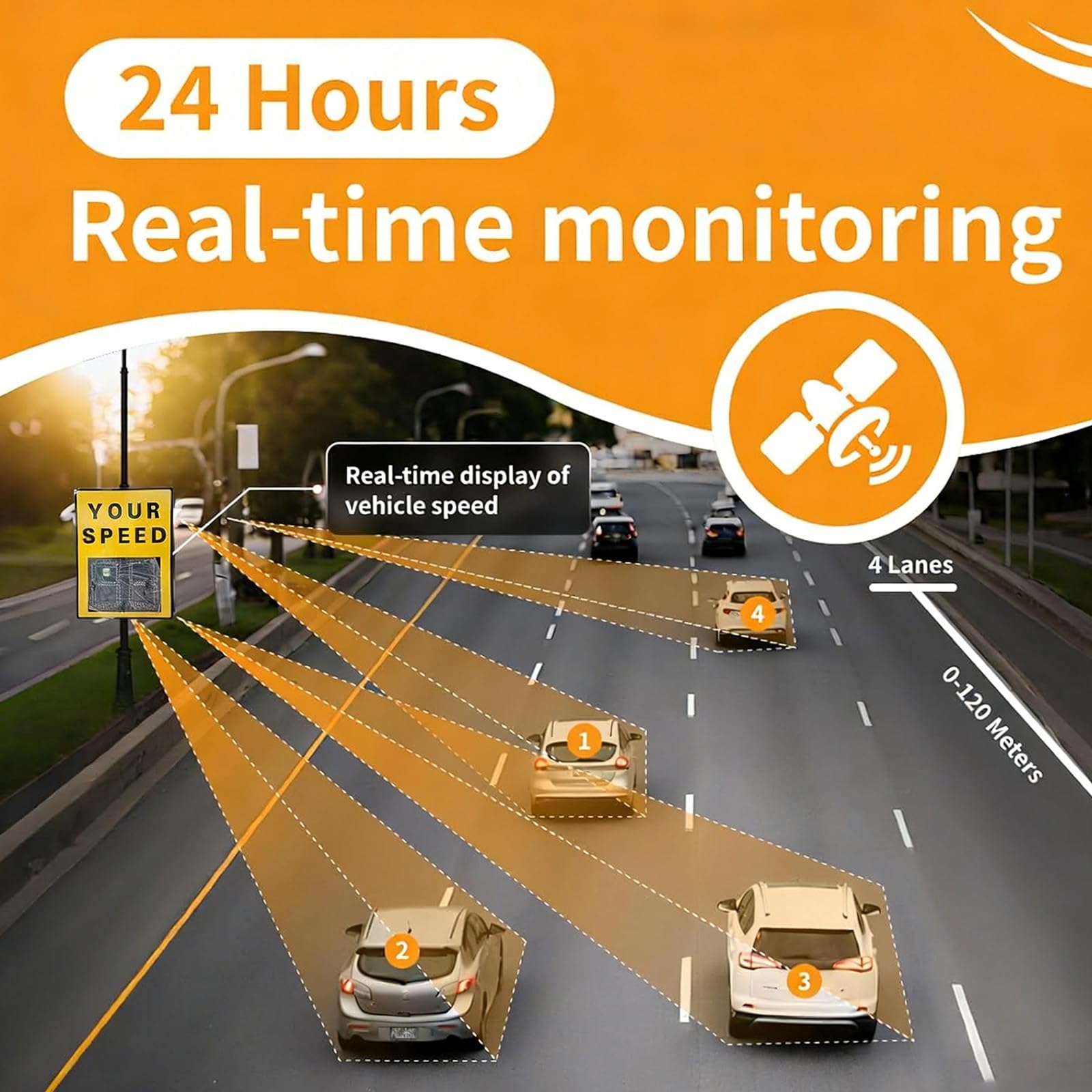Señal de límite de Velocidad con Radar Solar Yellow | panel de advertencia, pantalla de velocidad de 2 dígitos