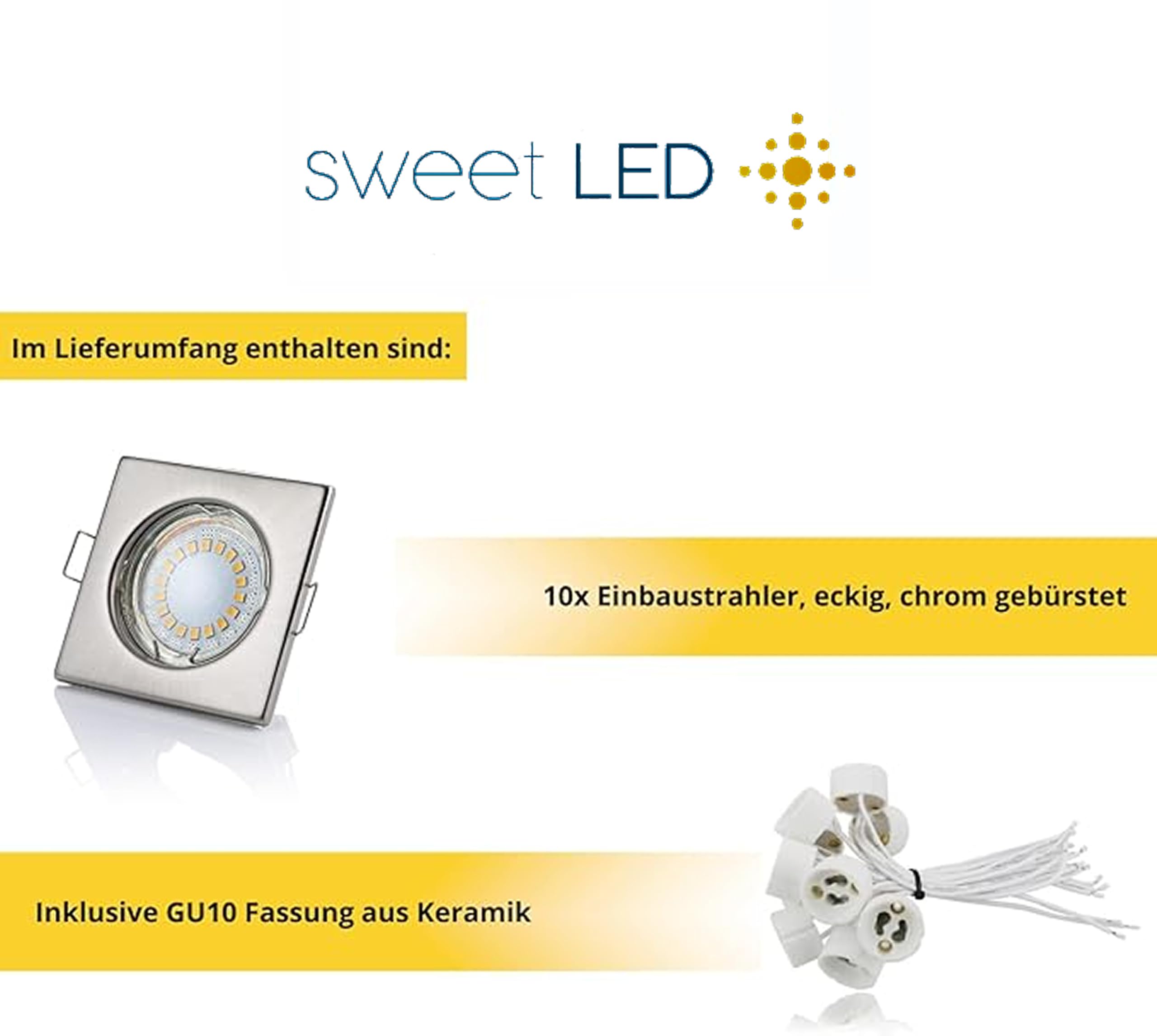 Sweet Led 10er SET Einbaustrahler GU10 Fassung 5W 450 Lumen IP20 LED Einbauleuchten Deckenstrahler Möbelleuchten downlight Spot eckig kaltweiß chrom gebürstet Sparpack