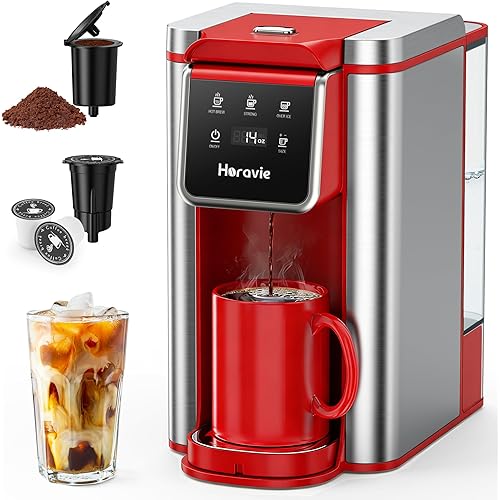 Single Serve Coffee Maker for K-Cup Pod and Grounds, Hot and Iced Coffee Maker, Strong Button Feature, 6 to 14oz Brew Sizes, 50oz Removable Reservoir, Fit 6.5" Mugs, Stainless Steel, Red