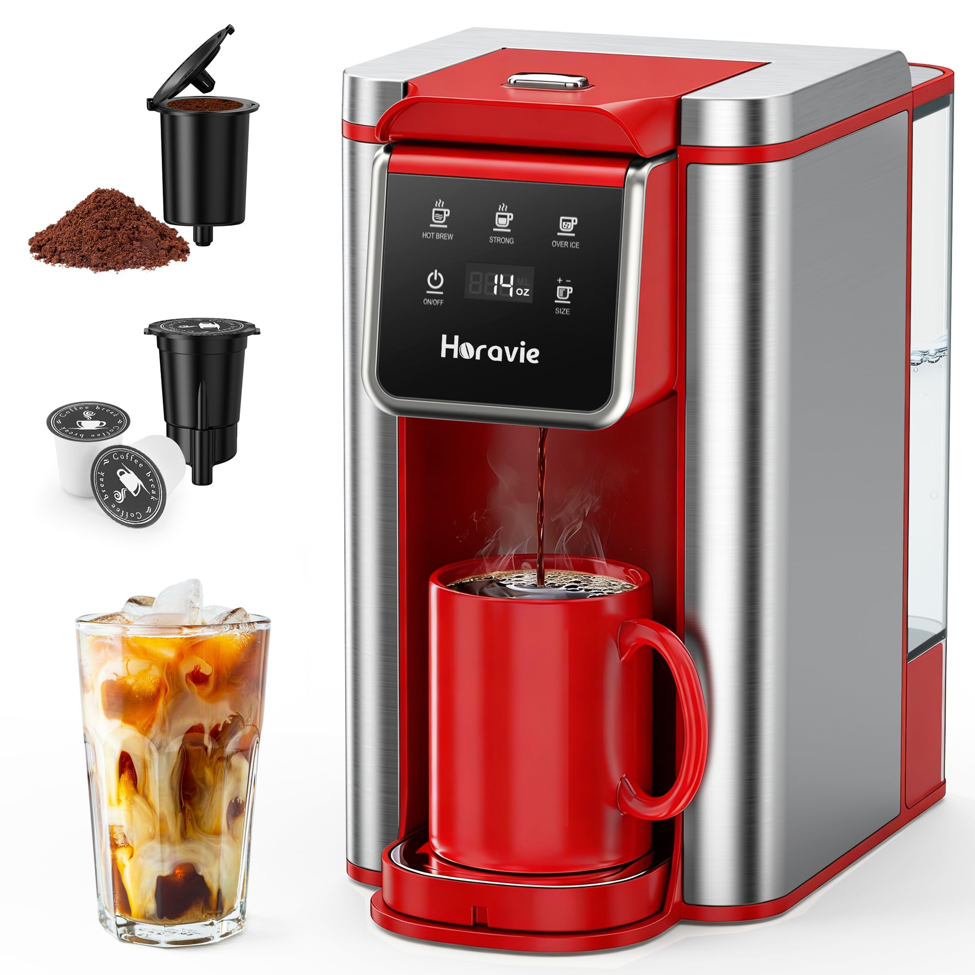 Photo 1 of Horavie Single Serve Coffee Maker for K-Cup Pod and Grounds, Hot & Iced Coffee Maker, Strong Button Feature, 6 to 14oz Brew Sizes, 50oz Removable Reservoir, Fit 6.5" Mugs, Stainless Steel, Red