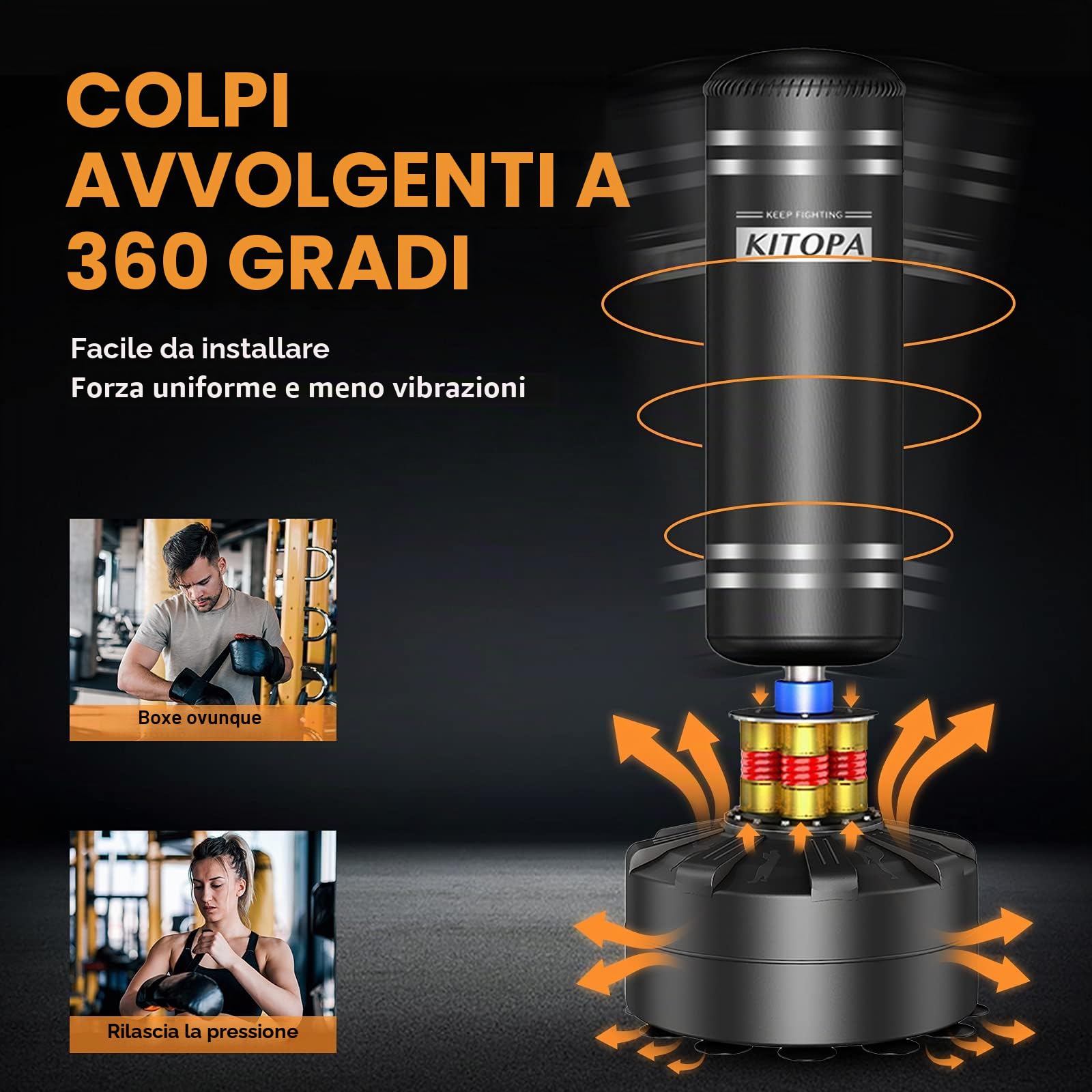 Kitopa Sacco da Boxe da Terra, 178CM Sacco da Boxe con Base a Ventosa，Sacco Boxe adulti MMA Resistente Agli Strappi, 93KG Sacco da Boxe a Casa per Adulti Adolescenti