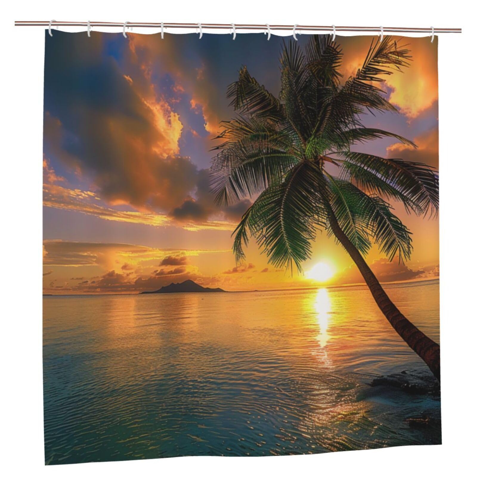 BWWHCCTI Tropical Hawaii Palm Tree Sea Sunset Printed Shower Curtain With 12 Plastic Hooks Opaque Quick Drying Waterproof Shower Curtains Sets For Bathroom 183x183 CM