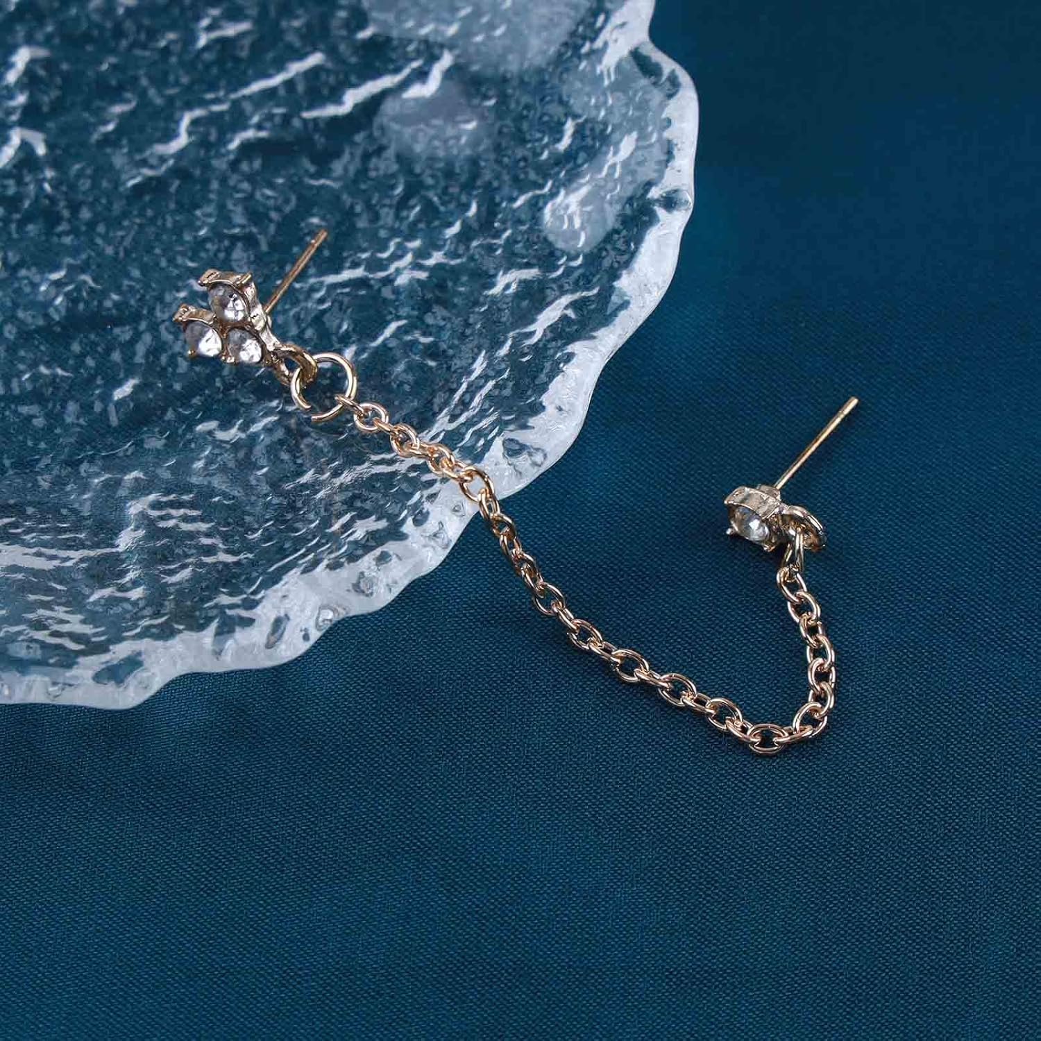 Vintage Cz Double Piercing Earrings Chain Climber Crawler Earrings Gold Tassel Chain Dangle Earrings Crystal Heart Climber Stud Earrings Jewellery for Women - Image 4