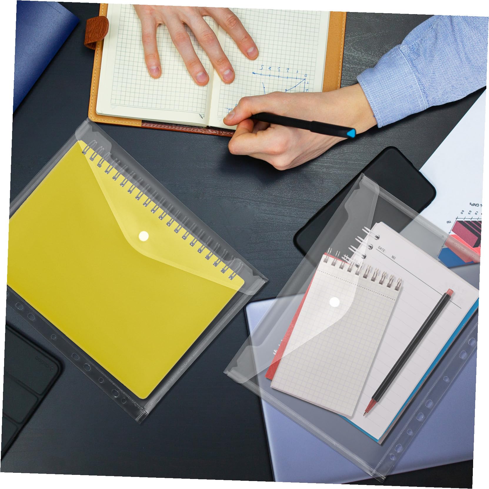 20 pièces Pochettes Transparente pour Classeurs Organiseur Bureau Résistant PP Plastique Fermeture Bouton-pression Rangement Documents Épais et Flexible