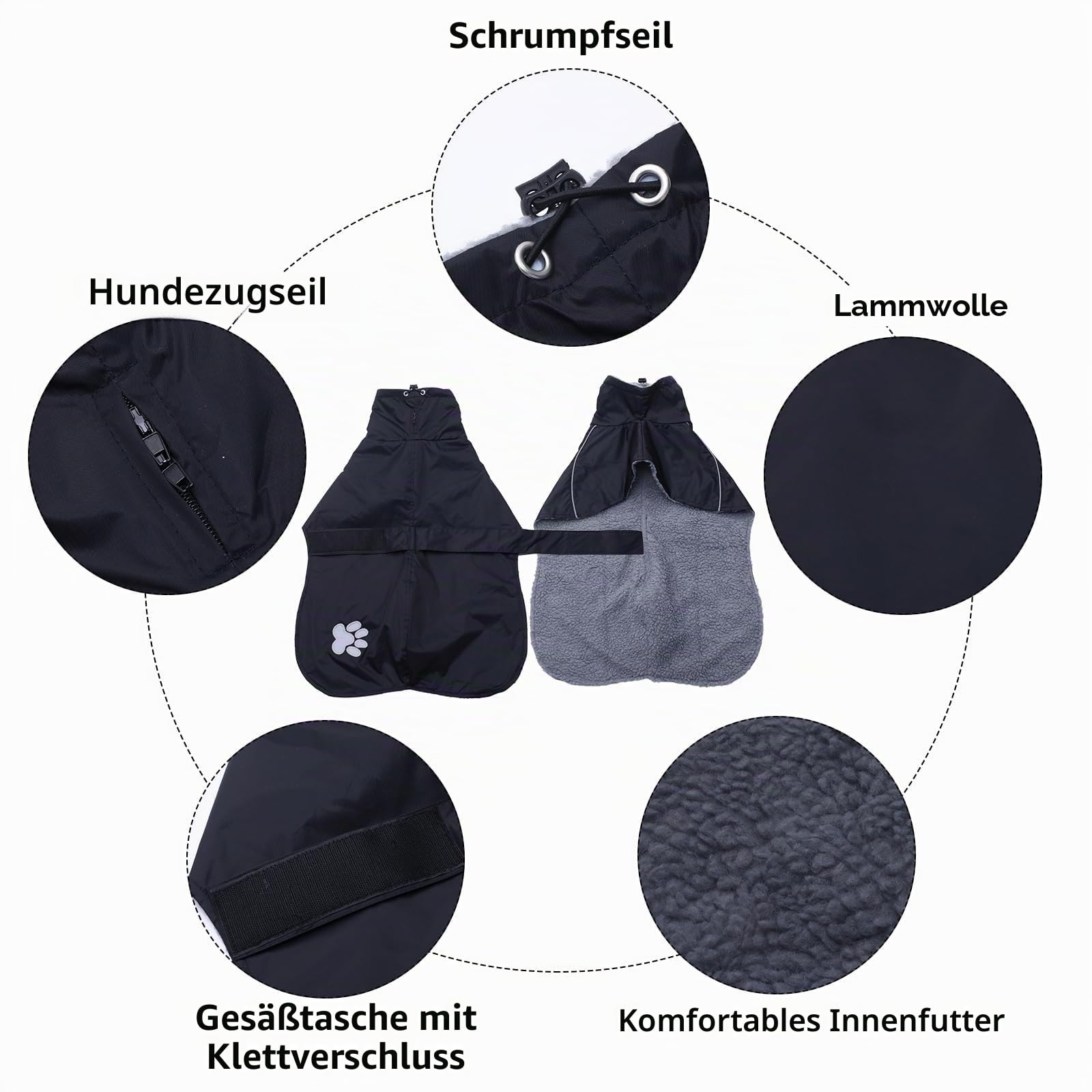 Geyecete Hundemantel Wasserdichter Windhund,Winter Hundejacken mit plüschfutter,Hunde Regenmantel mit verstellbaren Bändern-schwarz-schwarz-XXL