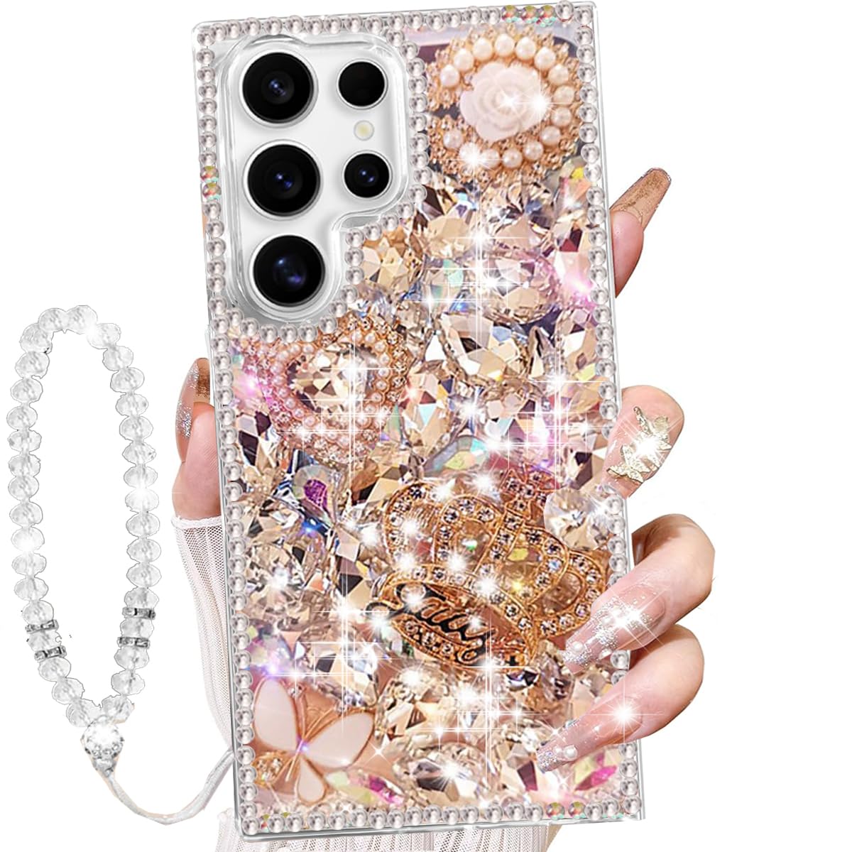 Changjia for Samsung Galaxy S25 Ultra Glitter Bling Case,Cute Luxury 3D Sparkle Crown Crystal Rhinestones Diamond Stunning Stones with Lanyard Wrist