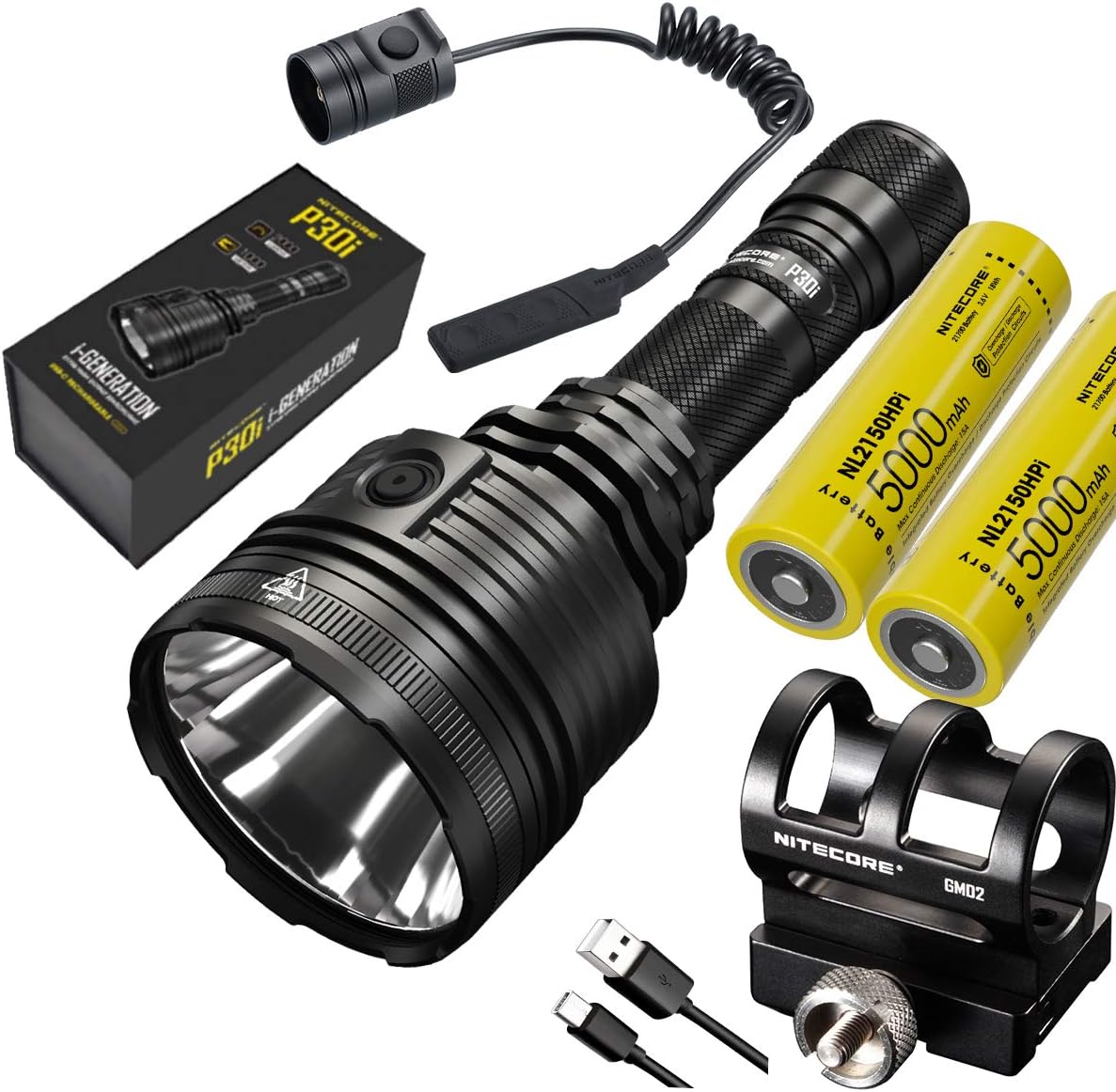 Nitecore P30i i-Generation High Output Searchlight - 2000 Lumen, 1000 Meter, with Eco-Sensa TypeC USB Cable & RSW2i Remote Pressure Switch (+ GM02 Mount + NL2150HPi)