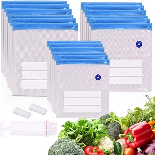 Sous Vide - 21 bolsas selladoras al vacío de 3 tamaños para alimentos, bolsas reutilizables de sellado al vacío con bomba de mano y clips de sellado