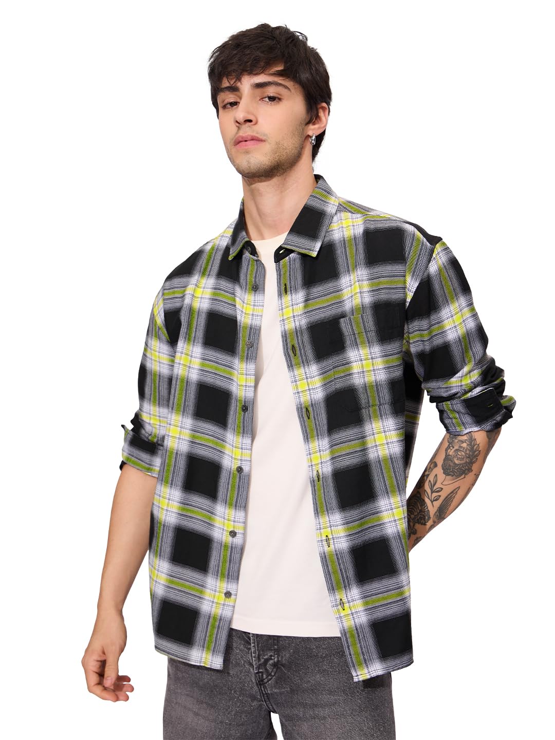 the souled store Plaid: Sulphura Men's and Boys Long Sleeves Collared Neck Button Front Cotton Regular Fit Utility Shirts-picture-34
