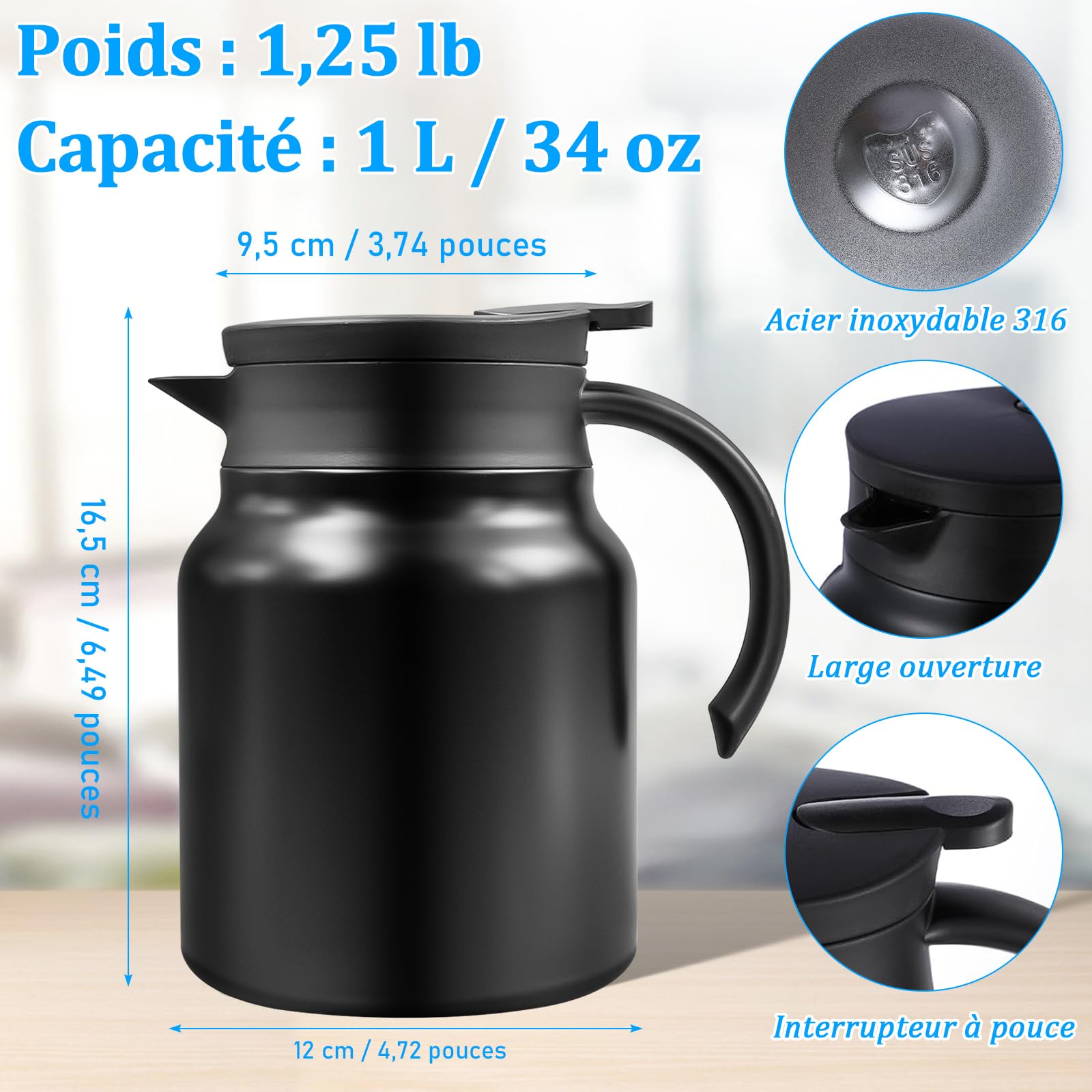 Juego de 2 jarras isotérmicas de café de 1 litros – Cafeteras de acero inoxidable de doble pared con filtro extraíble – Teteras de aislamiento al vacío – negro mate