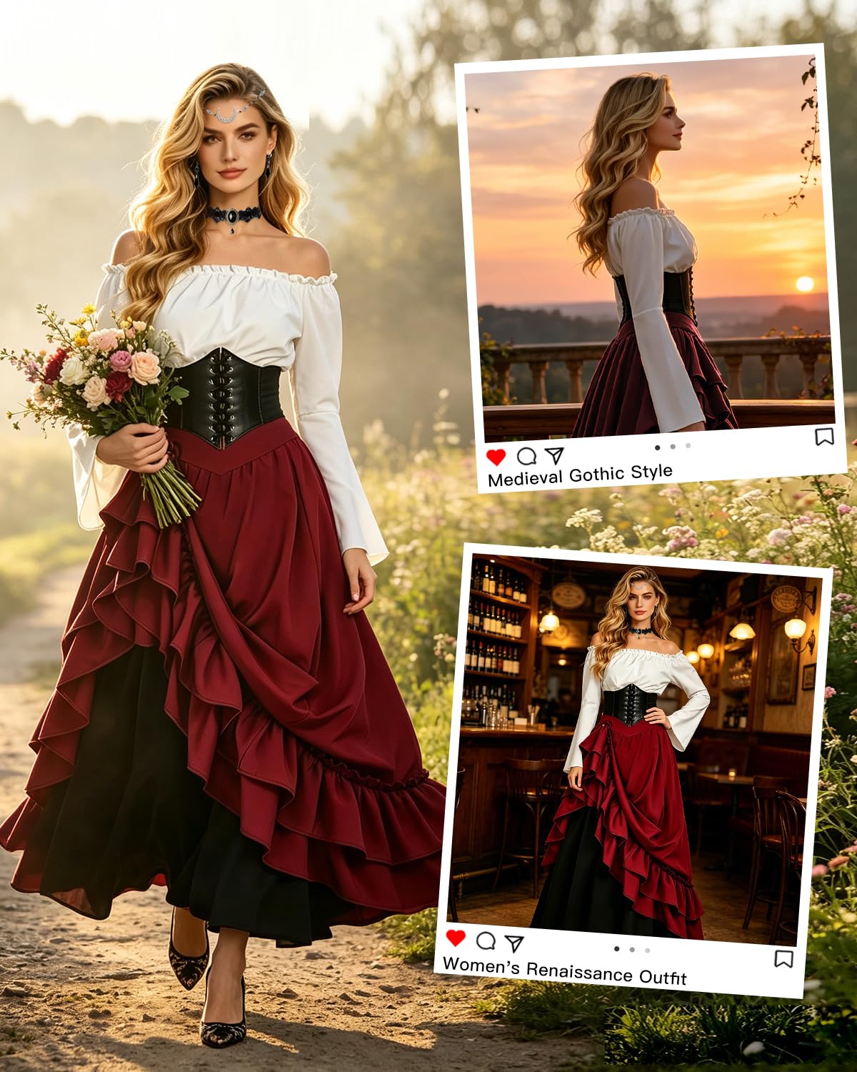 Robe Médiévale Femme, 2 Façons de Porter, Ceinture et Boîte Cadeau | Robe Gothique Médiévale avec Chemise, Robe Victorienne, Deguisement Renaissance pour Halloween, Cosplay et Fête