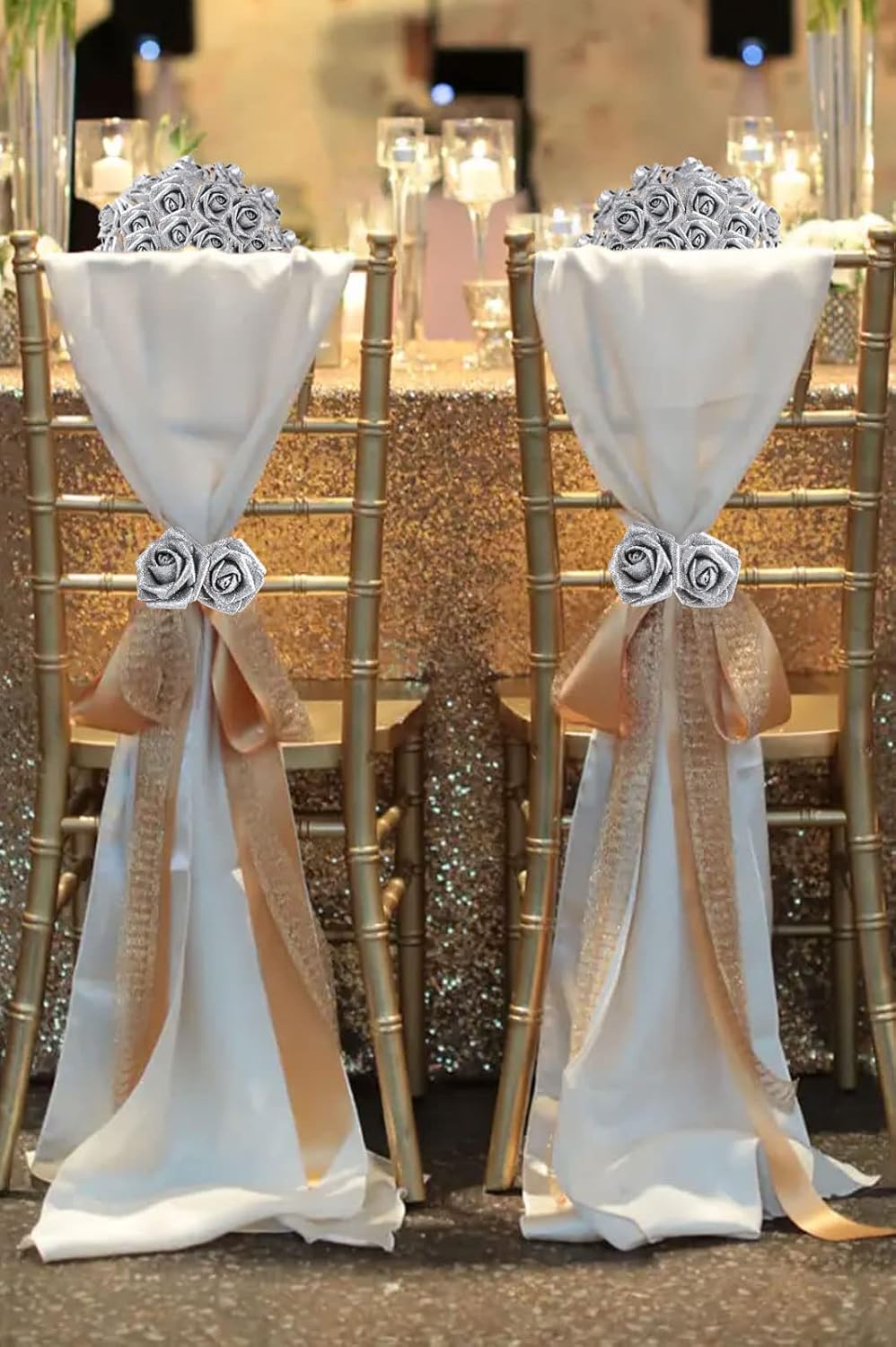 Artificial Flowers 30 PCS Silver Glitter Foam Artificial Flowers with Stem, Glitter Roses Shiny Flowers for DIY Wedding Bouquets Party Home Decor(Silver) - Image 3