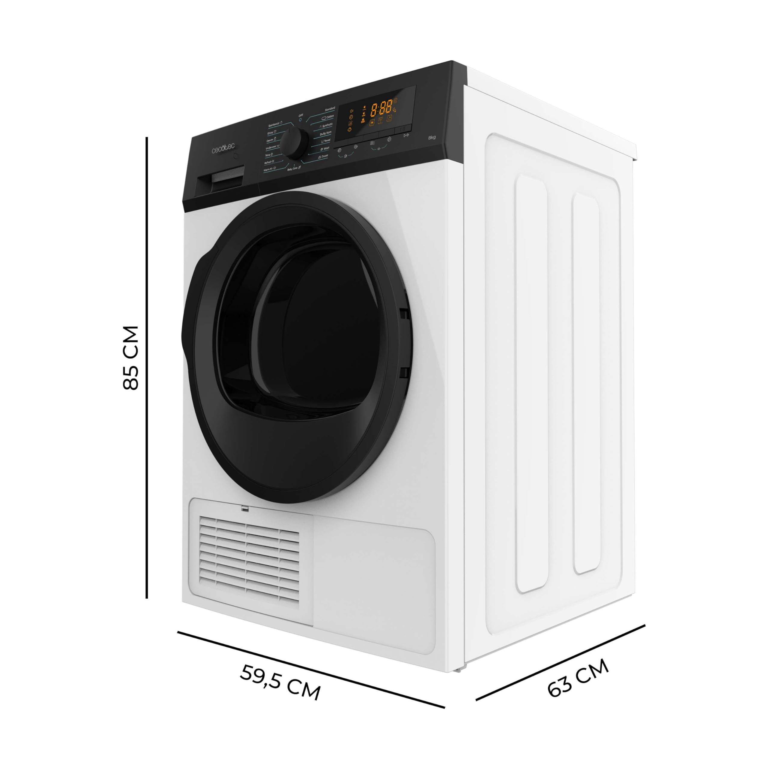 Cecotec Secadora de la Ropa de Condensación 8 kg Bolero DressCode Dry 8200C B. 15 Programas, Secado automático, KidLock, Planchado Fácil, Delay Start, Antiarrugas, Giro Bidireccional, Luz interior