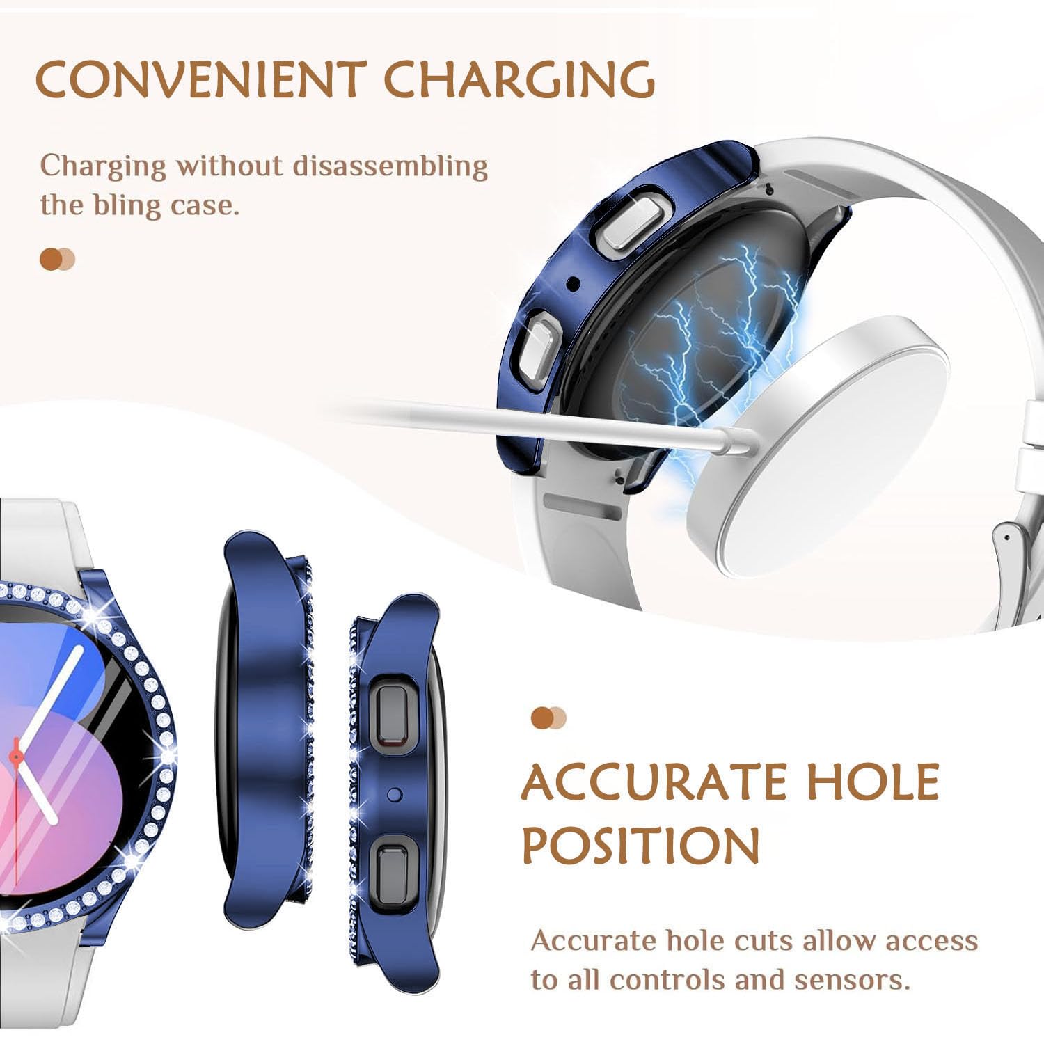 DEALELE [2-PACK] Case Compatible with Samsung Galaxy Watch 5/4 44mm, Bling Single-Row Diamond PC Protective Case Replacement Watch Cover Bumper (44mm, Gold+Transparent) — view 209