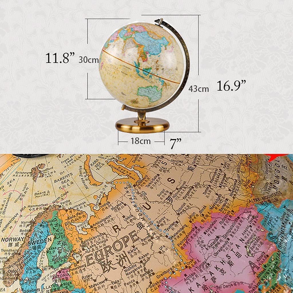 Globe terrestre Antique avec Support en métal, diamètre de 30 cm, Globe géographique éducatif pour l'école et la décoration intérieure, Base Stable.