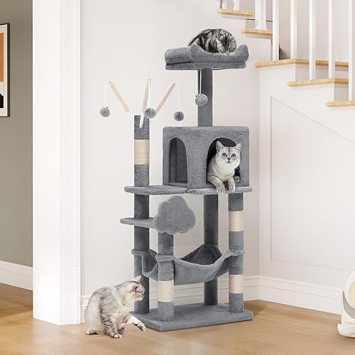 YITAHOME 44-Inch Multi-Level Cat Tree, Indoor Cat Tower with Hammock, Cave, Perches, Scratching Posts, and Pom-poms for Kittens (Light Gray)