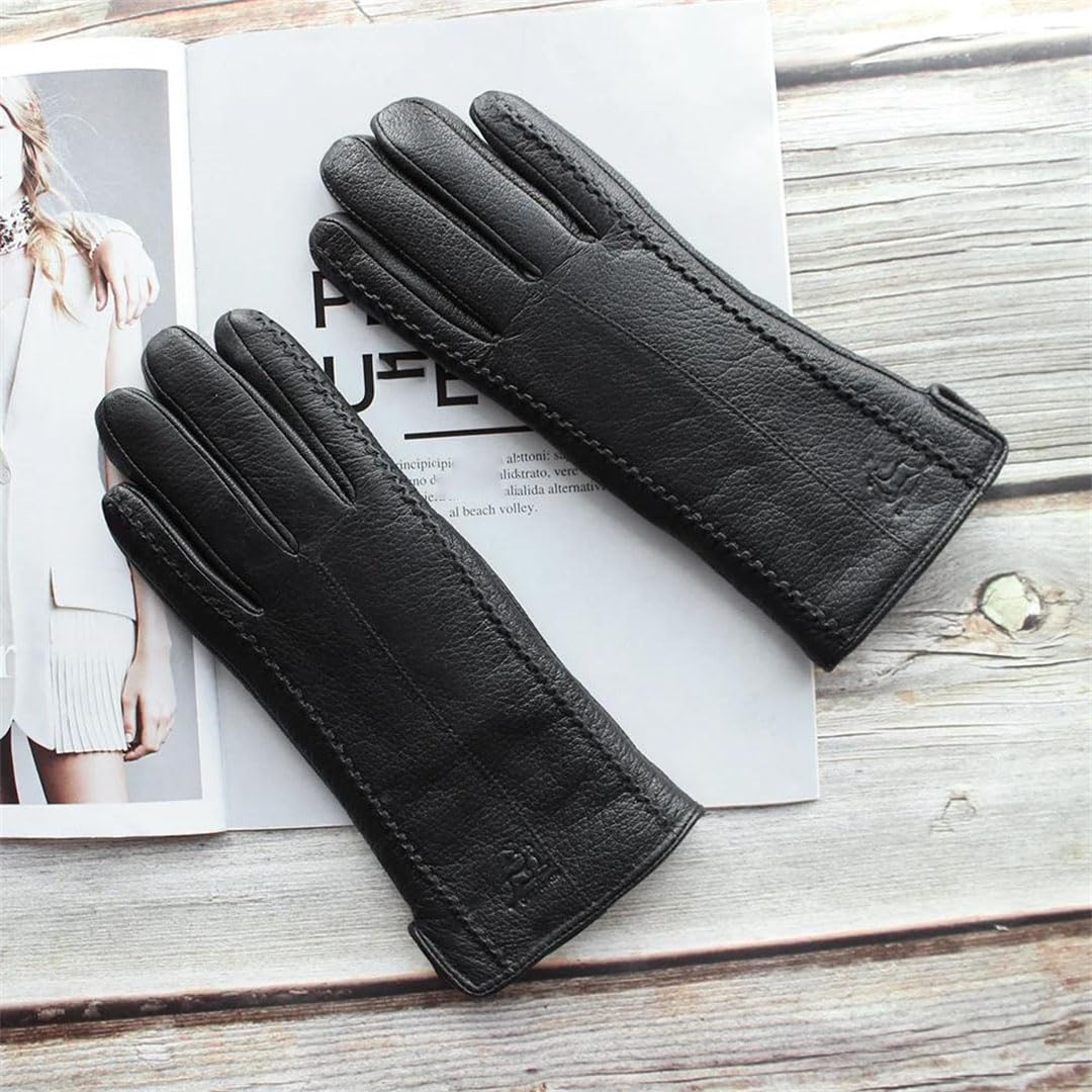 Gants d'hiver chauds en cuir véritable avec doublure épaisse en laine pour femme