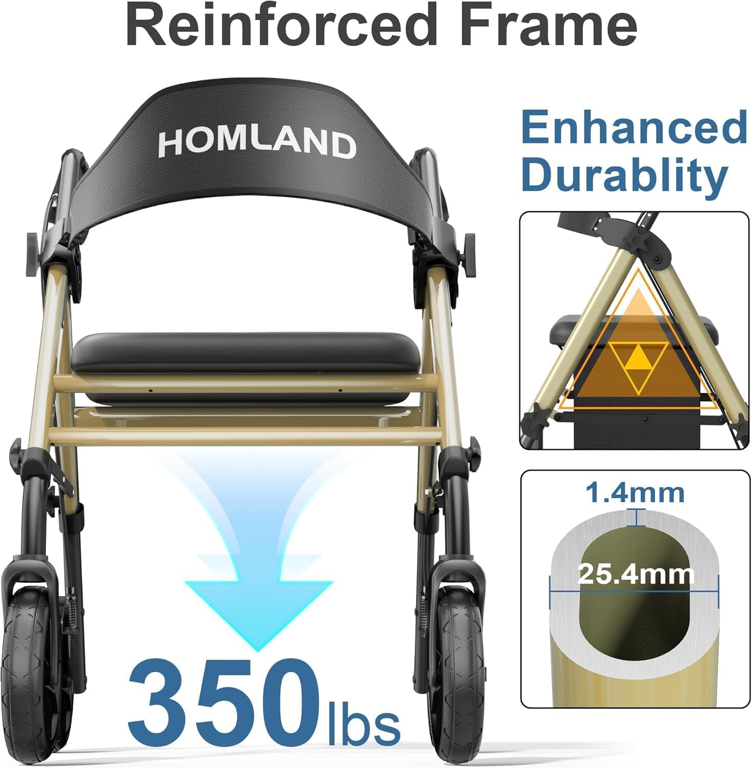homland walkers for seniors with seat, foldable rollator walker, reinforced aluminum frame, 8" big rubber wheels for all terrain, height adjustable lightweight rolling walker