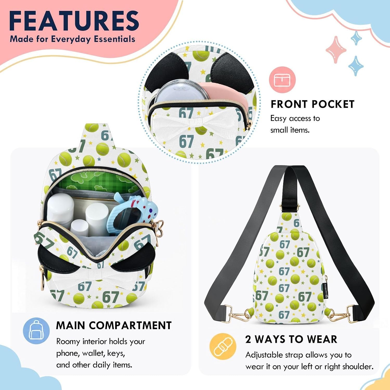 Sinestour Six Seven Kids Crossbody Bags for Girls, 5.7"x3.1"x7.5" | Crossbody Fanny Pack, Toddler Purse, Cute Sling Belt Bag with Ears, 2L Small Shoulder Chest Bag for Travel