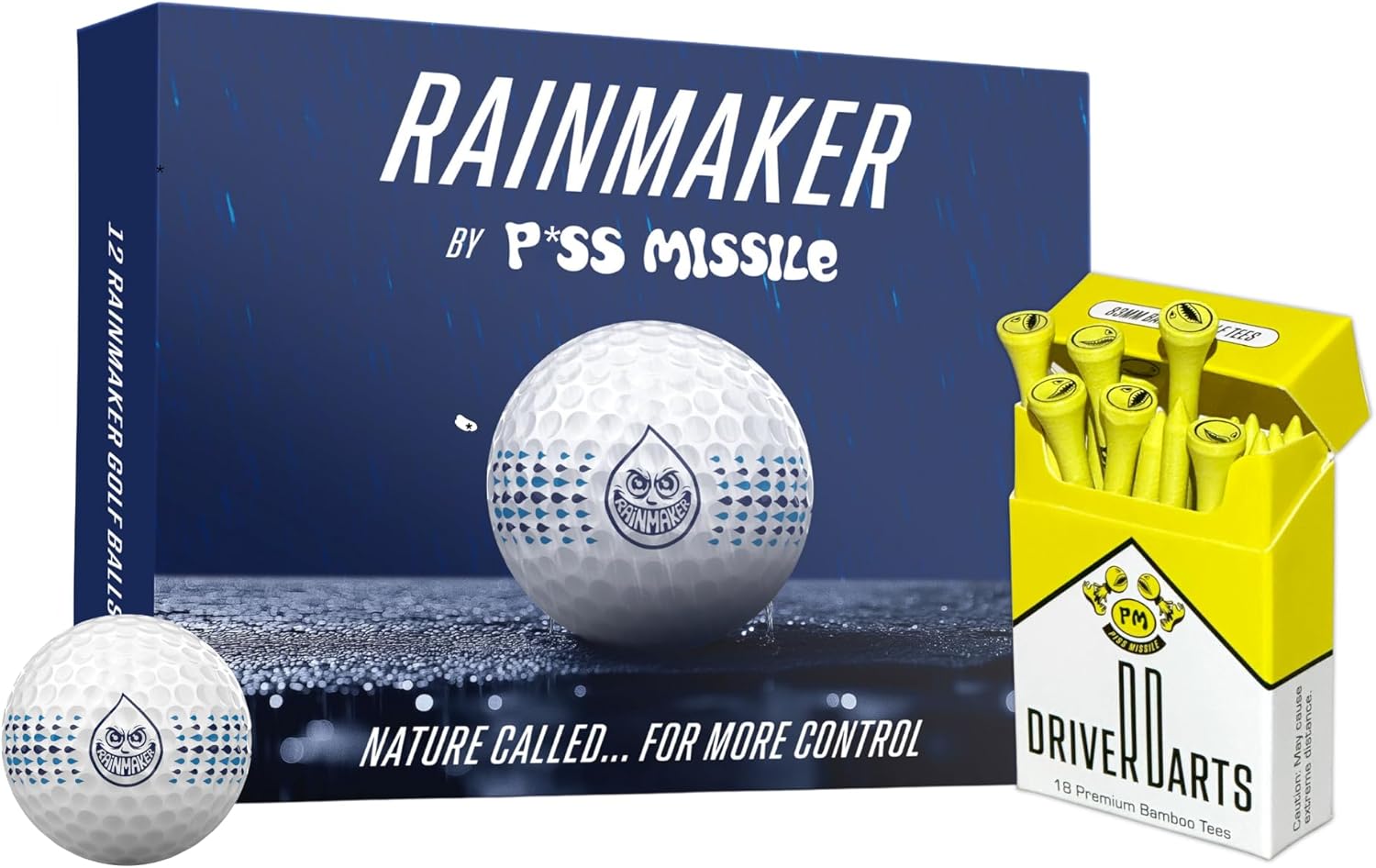 Rain Maker Golf Ball and Driver Darts Tees Bundle - Premium 3-Piece Tour Balls and Iconic Package of 18, 3 1/4" Golf Tees