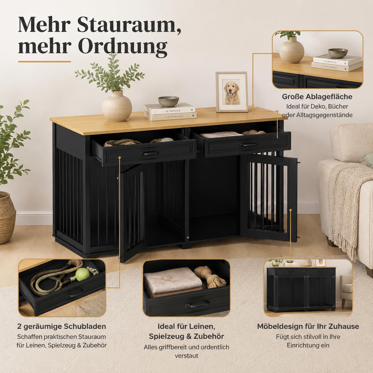Hundekäfig für Zuhause, Eisen Hundebox,Hundebox XXL,Hundehütte Hundekiste für den Innenbereich,PB-Brett + Bügeleisen mit 2 Türen 164 x 80 x 60 cm, Metall, Schwarz