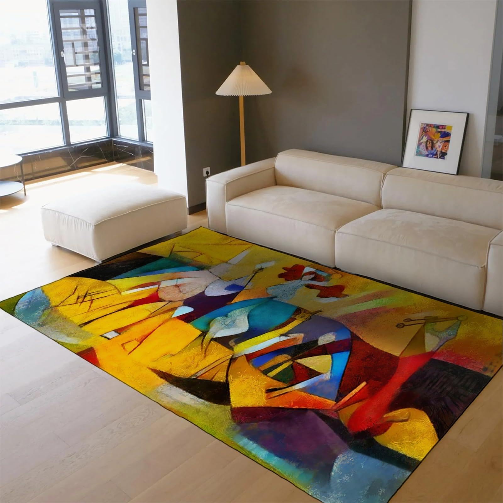 Tapis Salon 95x250cm Abstrait Picasso Style Collection, Tapis Peintures Célèbres Design, Tapis Lavable en Machine Dessous antidérapant à Poils Courts pour Chambre à Coucher, Bureau, Jaune