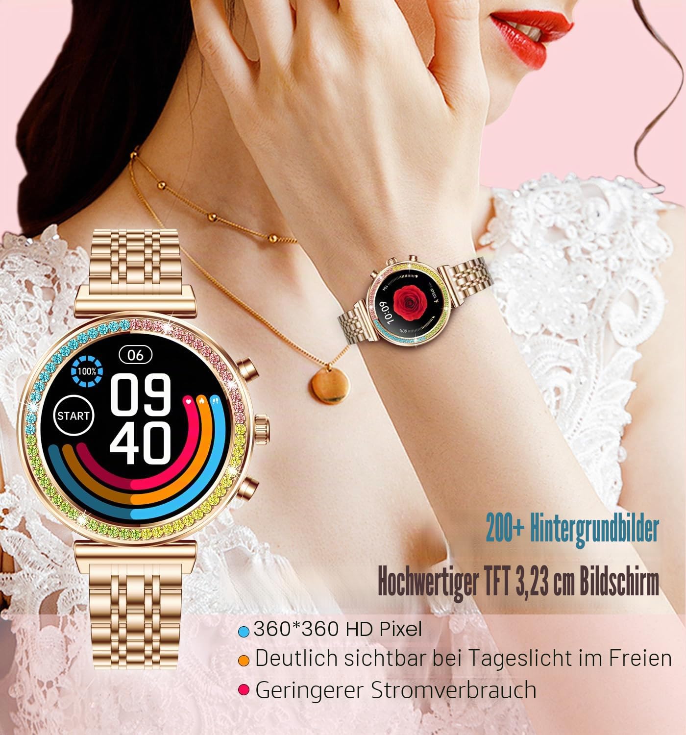 Fitness Smartwatch für Damen, 1,25 Zoll HD Display, Bluetooth Anrufe, wasserdichte Sport Damen Smartwatch, Pulsuhr, Schrittzähler - Kompatibel mit Android & iOS (Full Gold RTi110)