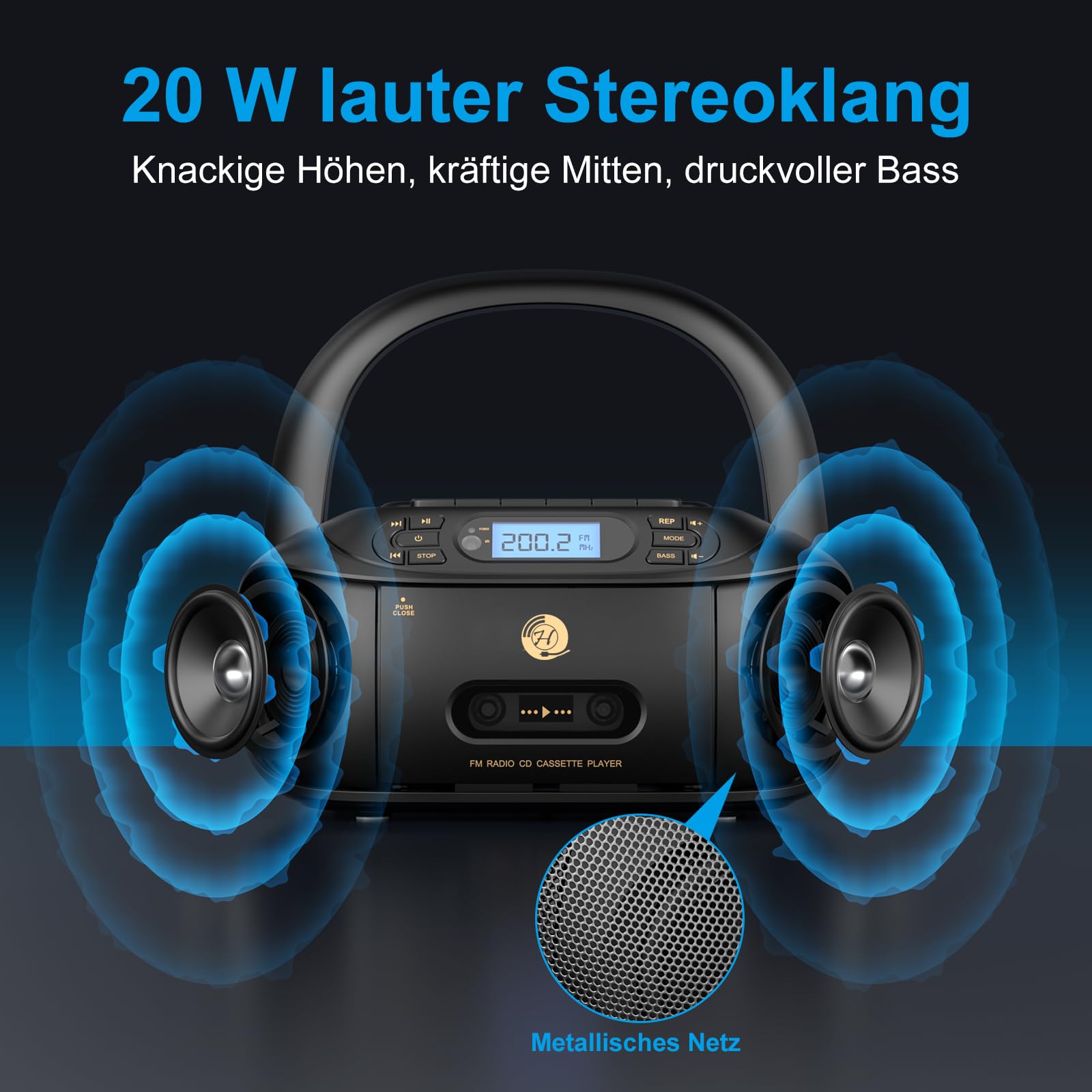 CD-Player mit Kassette, CD Boombox mit Bluetooth, UKW-Radio, Eingebauten Stereo-Lautsprechern, Wiederaufladbarem CD/Tape-Player, AUX-Eingang, USB-Wiedergabe, Kopfhörerausgang