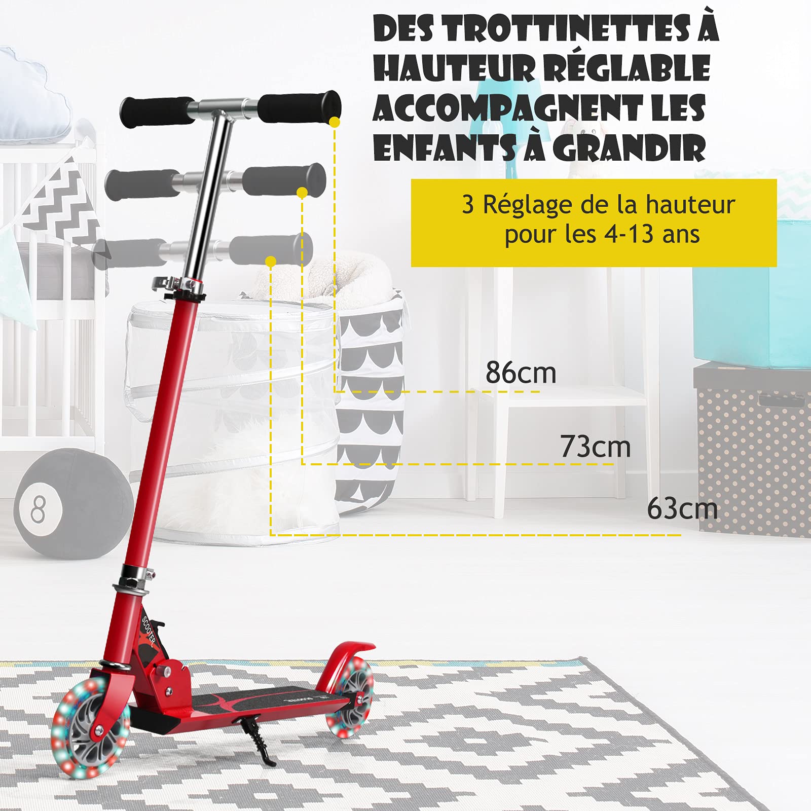 GOPLUS Trottinette Enfant de 3 à 7 Ans, Trottinette Pliable avec 2 Roues Lumineux, Poignée Hauteur Réglable, Frein sur Roue Arrière, Charge Max 70KG, 70x10x63/73/86CM, Cadeau pour Garçon/Fille