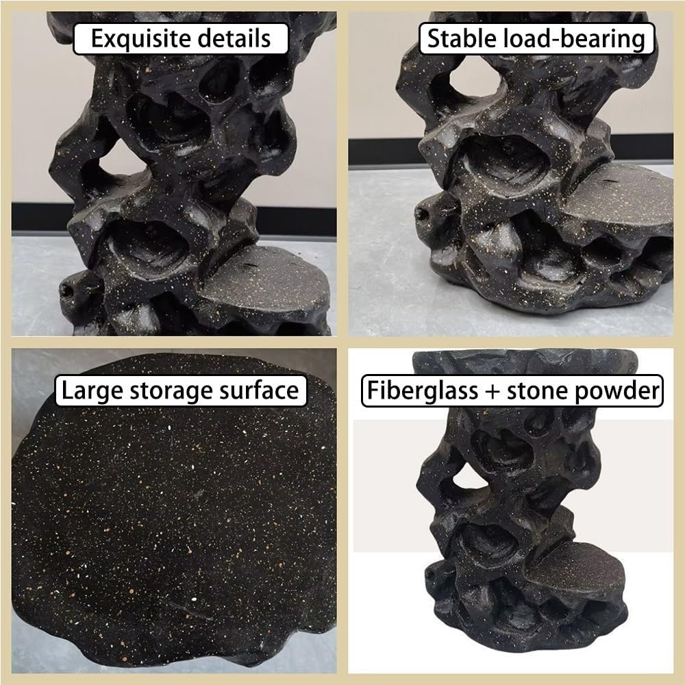 Outdoor Bonsai Display Stand with Faux Stone Base, Outdoor Bonsai Stand, Decorative Garden Plant Holder for Patio, Balcony, Courtyard, Garden Pot Stand with Imitation Stone Look(Black)