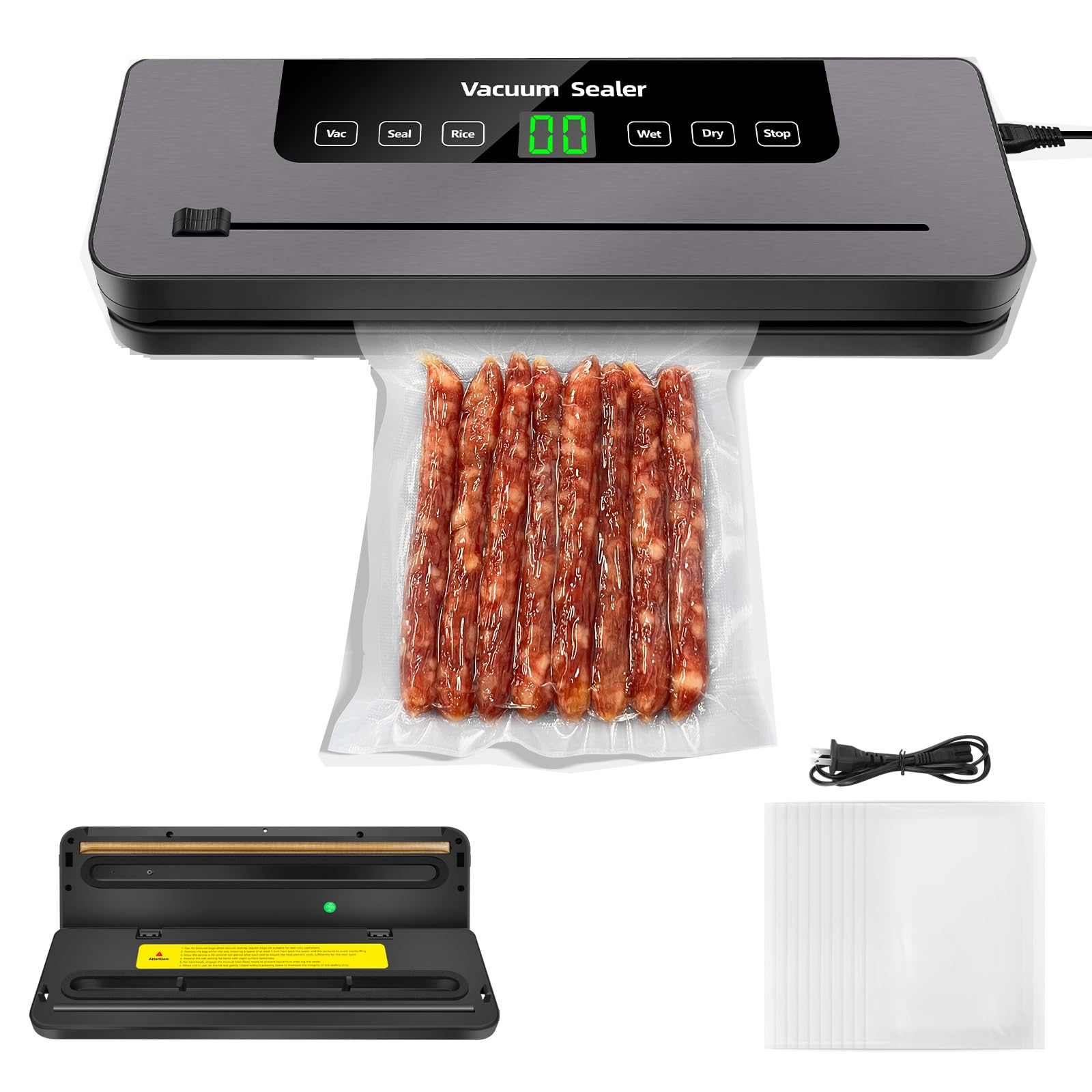 Vacuum Sealer Machine Strong Suction 6 Modes for Dry & Moist Foods Built-in Cutter, Vacuum Food Sealer for Keep Meat Vegetables Snacks Fruits Grains Fresh, Includes 10 Vacuum Bags, Black