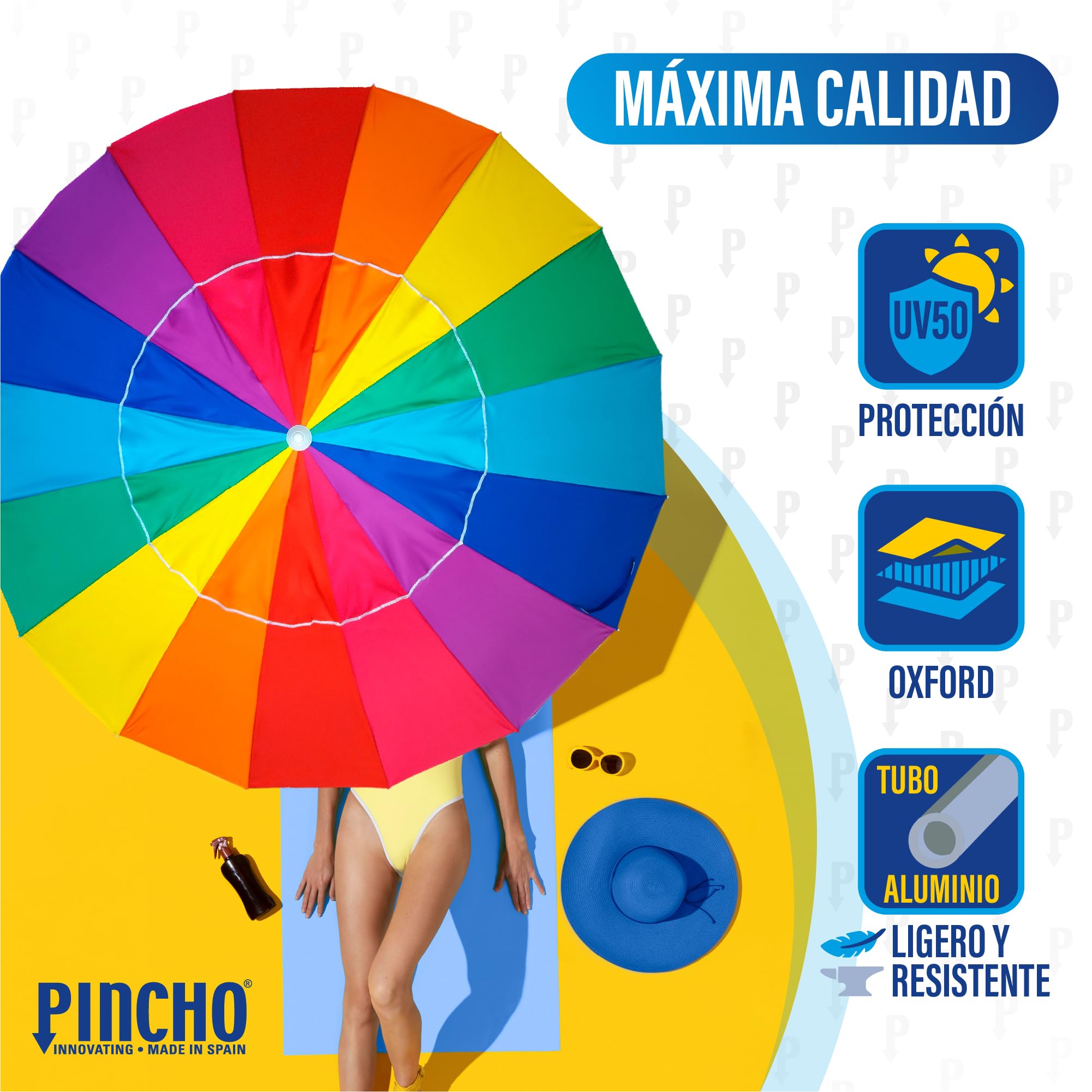 Pincho Sombrilla Playa Grande 200cm, Antiviento hasta 35km/h, Protección UV50+, Inclinable, 16 varillas fibra vidrio, Tubo Aluminio 28/32mm, ligera 2kg, Sombrilla Playa Plegable, Parasol Playa