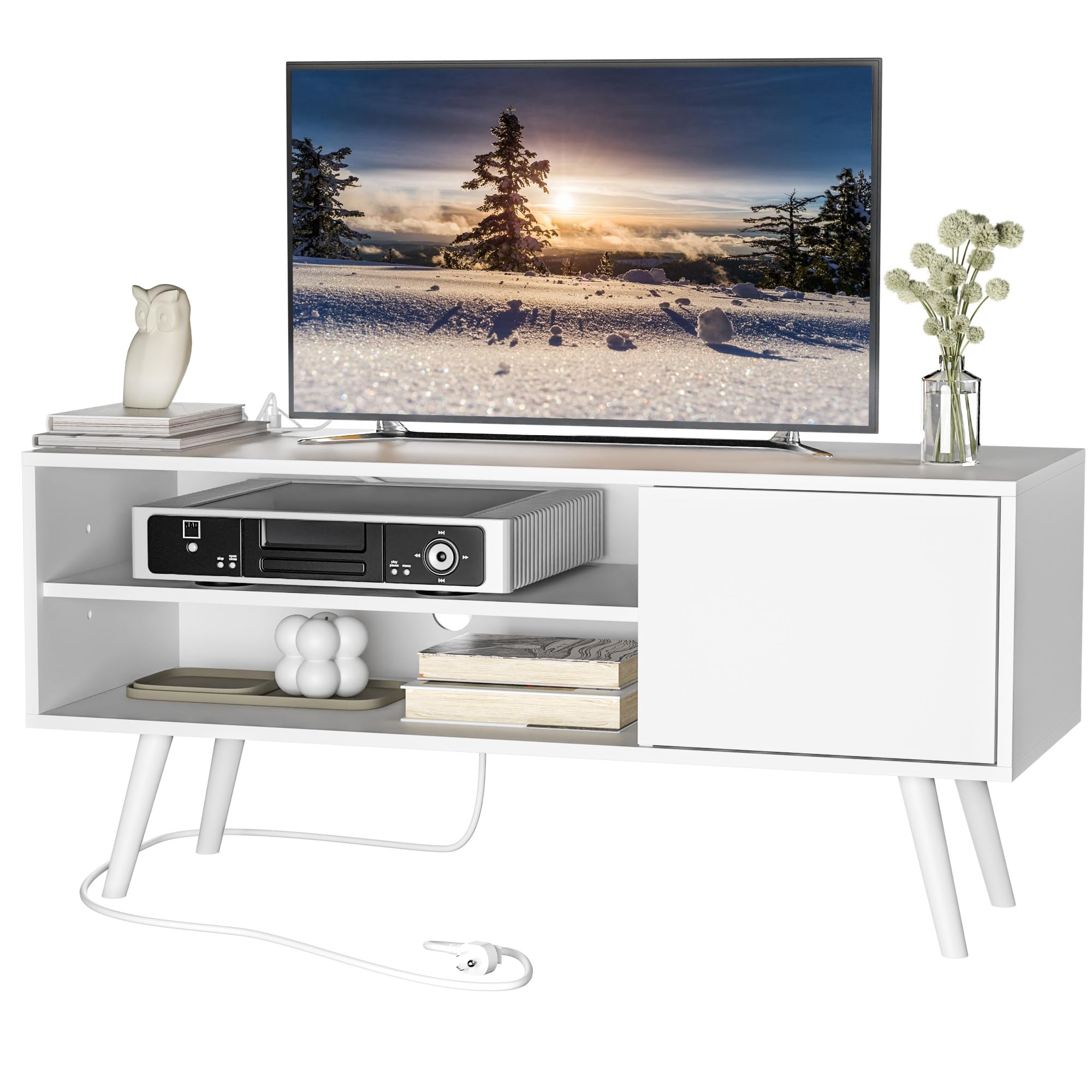 Cozy Castle TV Stand for 48 Inch TV, Mid Century Modern Entertainment Center with Storage Cabinet, TV Media Console with Charging Station for Living Room, Bedroom, White