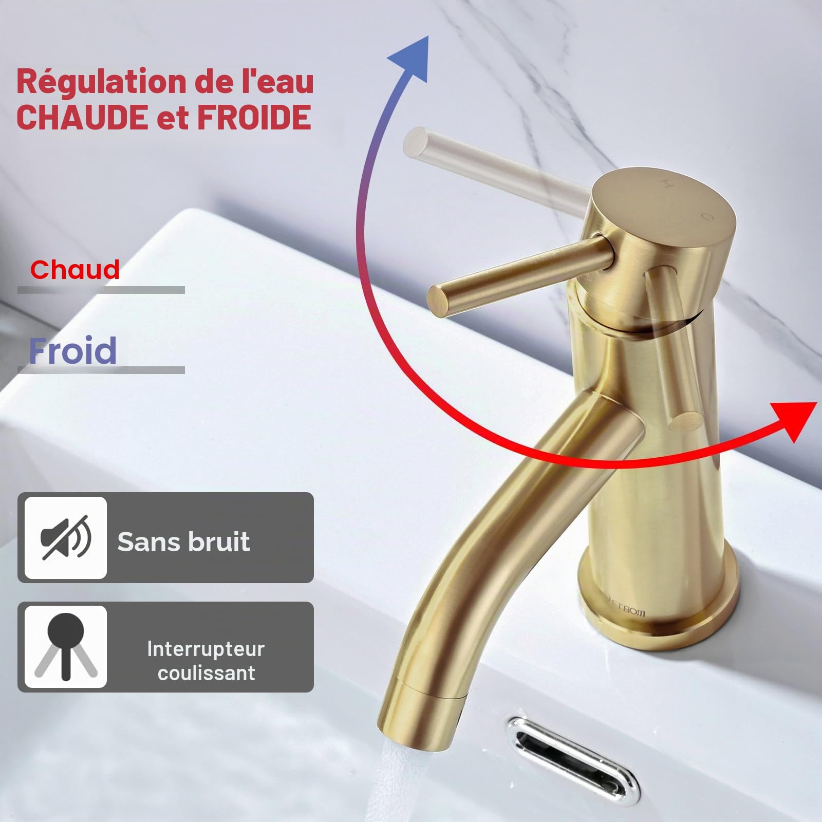 Mitigeur de Lavabo Doré, DETBOM Robinet de Lavabo Réglable Chaud et Froid, Robinet Salle de Bain Monocommande, Acier Inox, Aérateur Amovible, Sans Plomb, Or Brossé