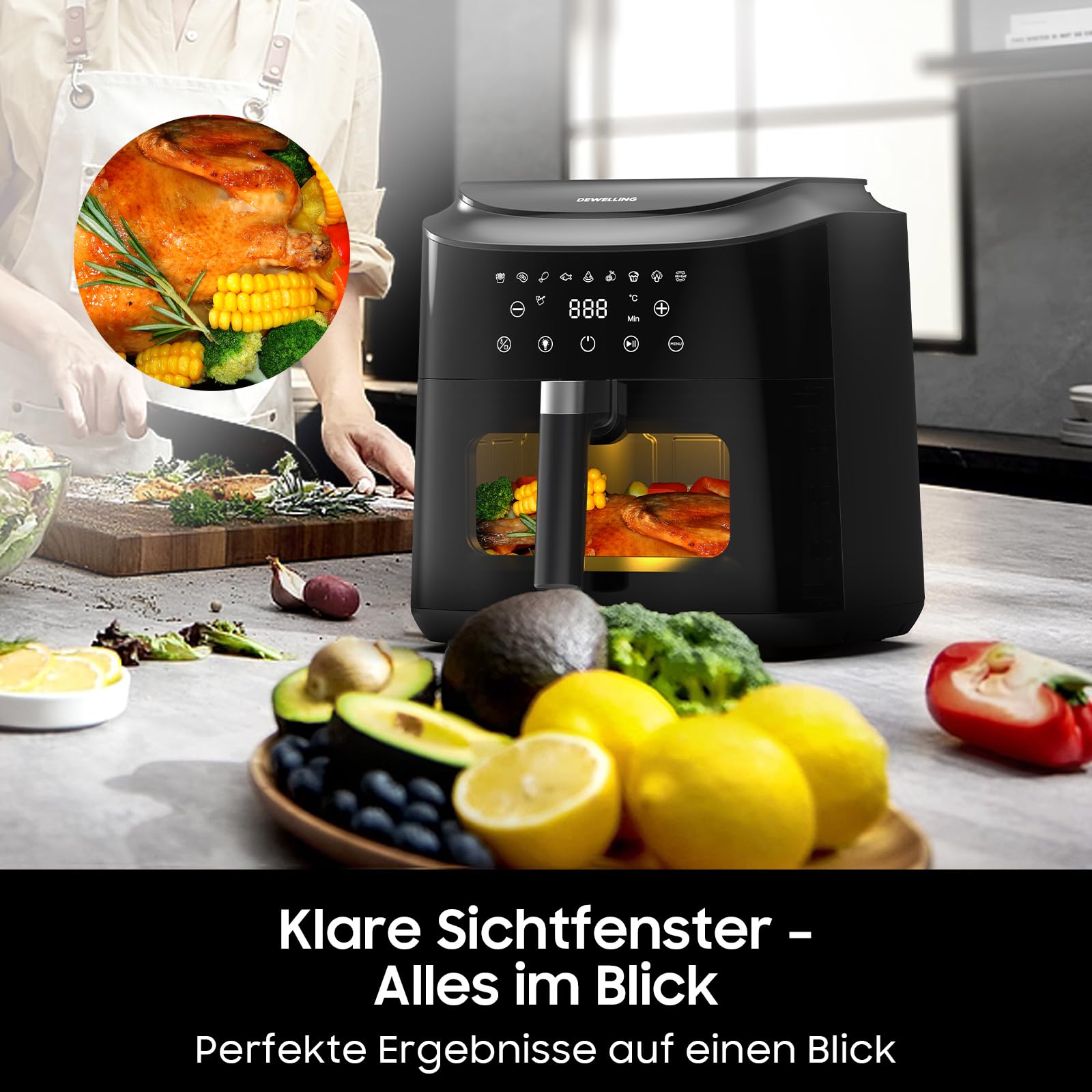 Heißluftfritteuse 9L Airfryer– 2350W Heissluftfritteuse für schnelles Garen, Fritteuse ohne Öl Mit Fenster, 9 Programme, Ohne PFAS, Shake-Erinnerung, Warmhaltefunktion, 40–200°C