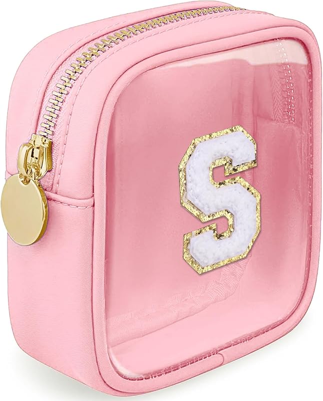 Necessaire de maquiagem transparente LOFOWN com zíper, estampa de letra, rosa, tamanho S