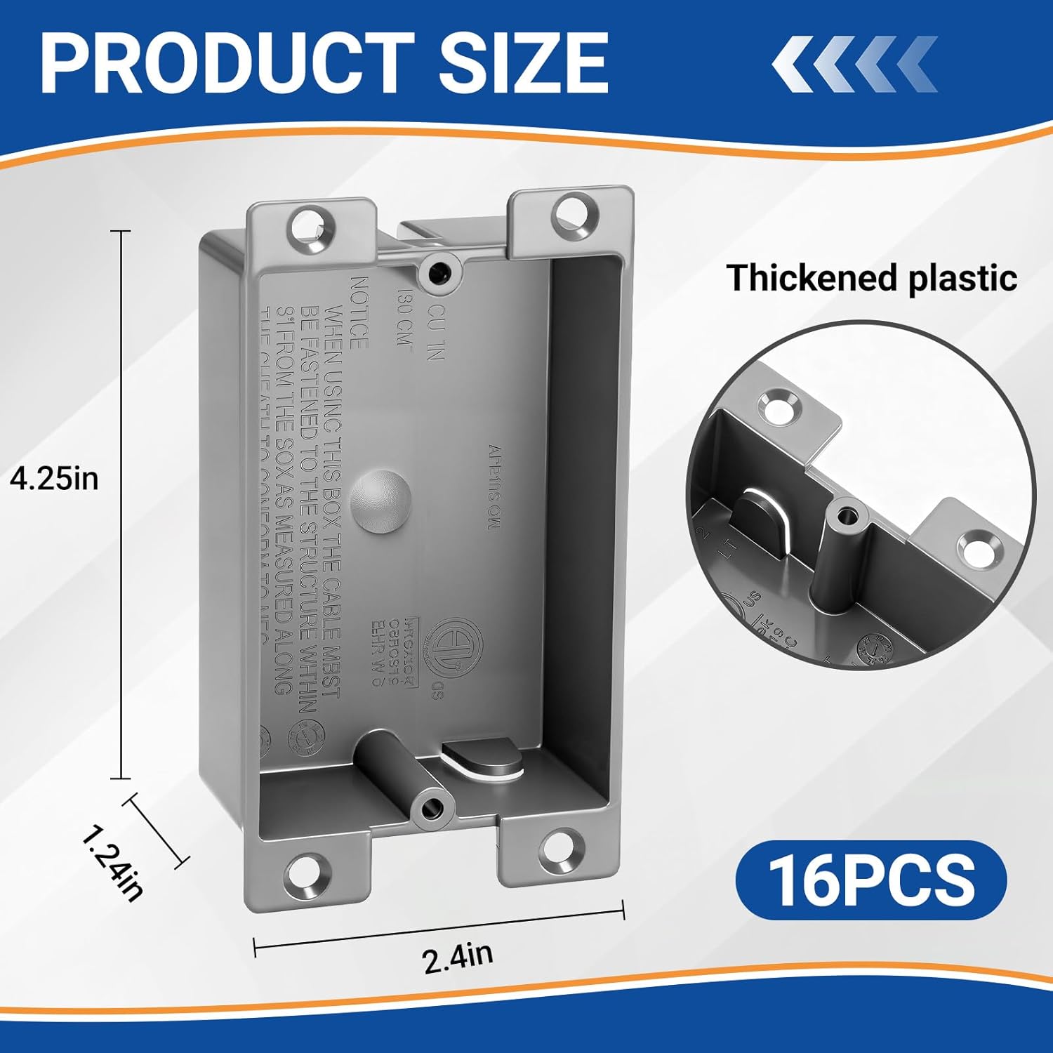 Relaxweex 16 Pack Plastic Shallow Electrical Box, 8 Cubic Inch Grey Shallow Outlet Box, Single Gang Old Work Junction Bulk, Length 4.25'', Width 2.4'', Depth 1.24'', Etl Certified