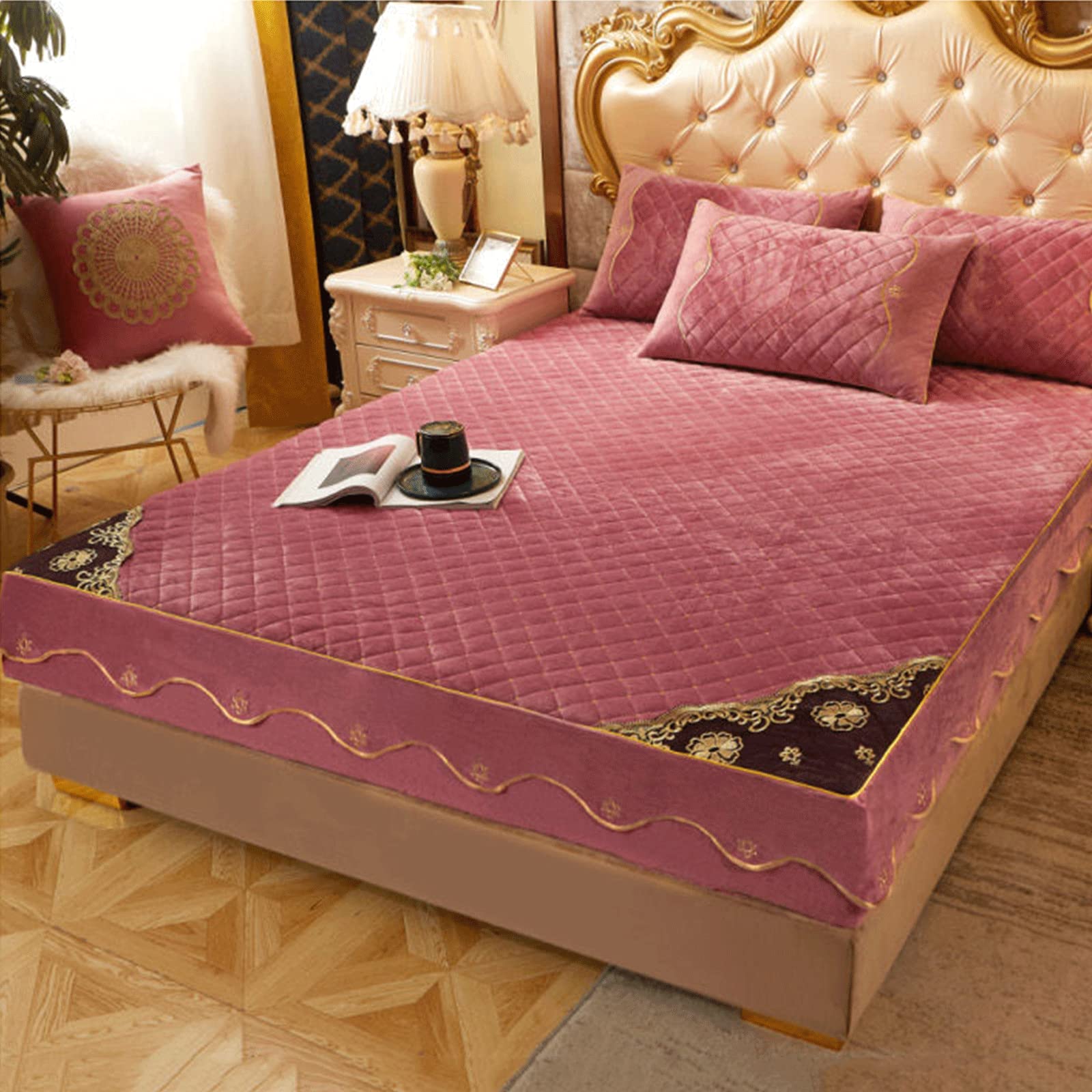 Luxus Matratzenschoner Einzel Doppel Tagesdecke – 30 Cm Extra Tief Angepasste Matratzenbezüge Kristall Samt Gesteppte Bettdecke – Ultraweiche Matratzenauflage, Schlafzimmerdekoration,Pink-200x220cm