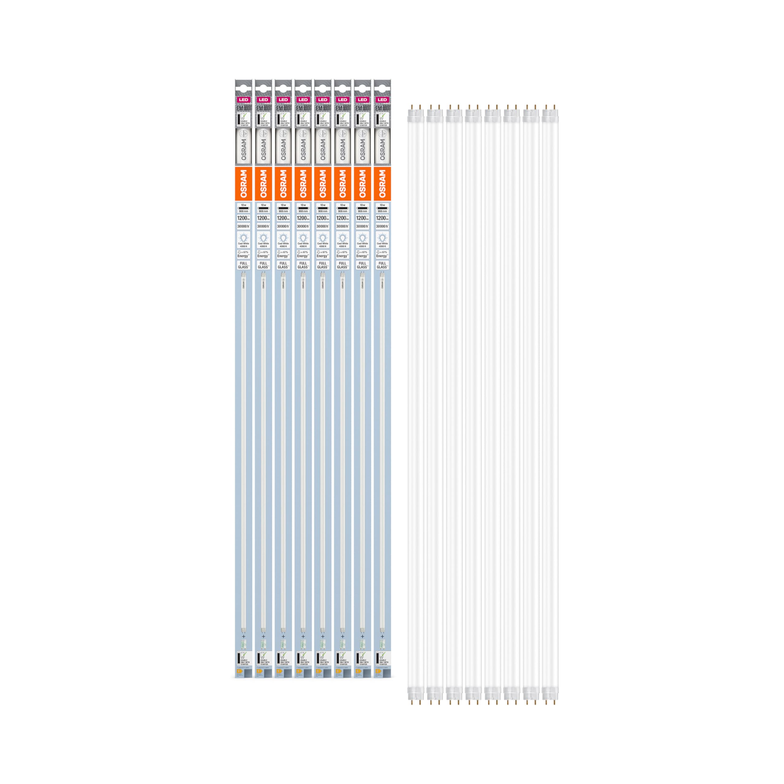 Osram LED TUBE T8 30 EM 900 mm, lineare LED-Röhre, 10W, 1200lm, 4000K, kaltweißes Licht, LED-Ersatz für T8-Leuchtstoffröhren mit G13-Sockel, lange Lebensdauer, geringer Energieverbrauch,8-Pack