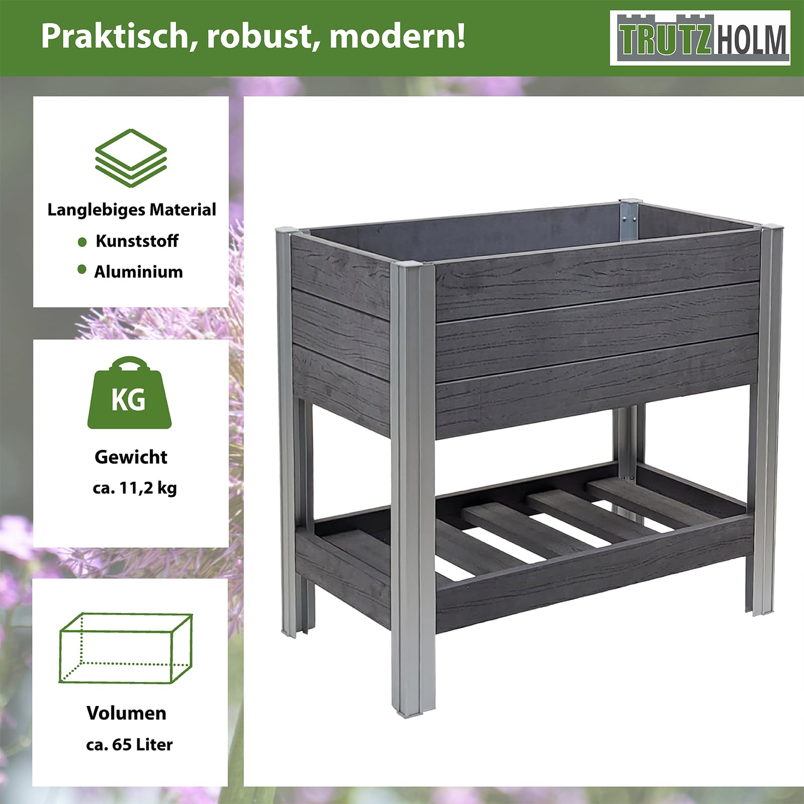 TRUTZHOLM Hochbeet mit Ablage 79x46x74 cm 65 Liter Holzoptik robust witterungsbeständig Kräuterbeet Pflanzkasten Anthrazit