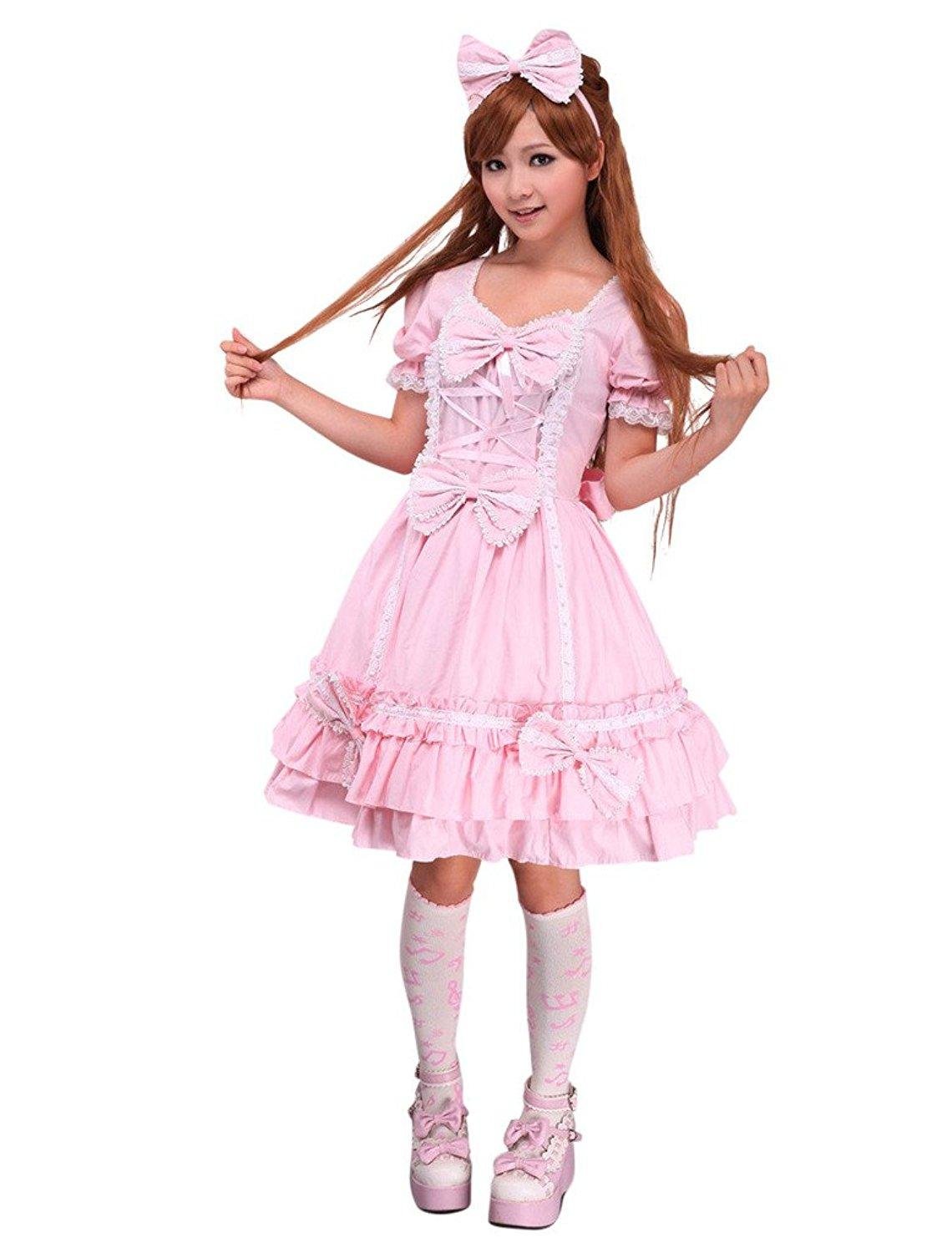 Ainclu Pink Cemavin Cotton Lace Front Ties Bow Sweet Lolita Dress