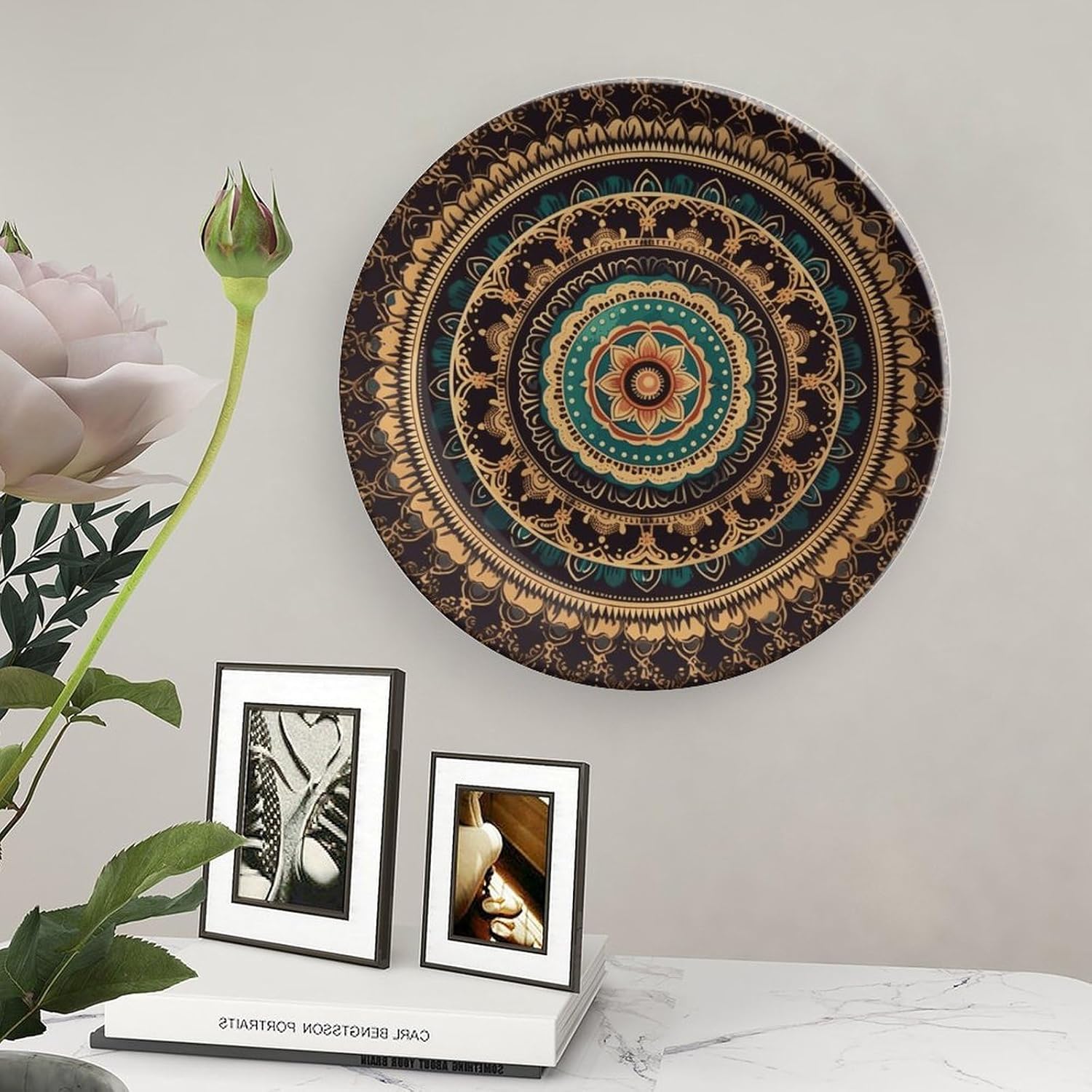 Mandala Decorative Plates for Display Round Porcelain Plate Living Room Table Ceramic Hanging Decorative Plate Art Decor for Living Room Table with 1 Display Stand 8inch