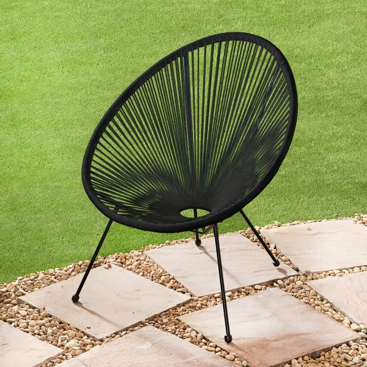 Bloomingtons Direct Black Rattan String Chair Moon Chair Garden Lounger Comfortable Backrest Garden Furniture, Outdoor Indoor Terrace