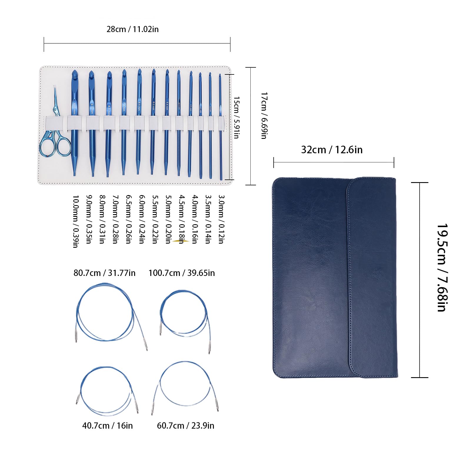 Annadue Szydełko Tunezyjskie Komplet, 12 Sztuk 3.0-10.0mm Aluminium