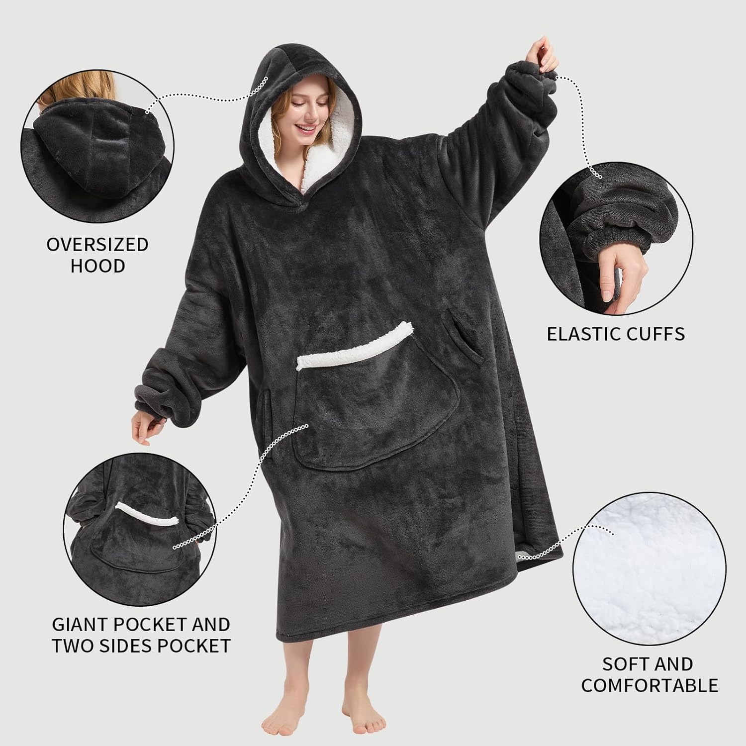 Fiosnow Wearable Blanket Gift for Women & Men Sherpa Flannel Blanket Hoodie Long Warm and Cozy Blanket with Giant Pocket,Dark Gray - Image 3