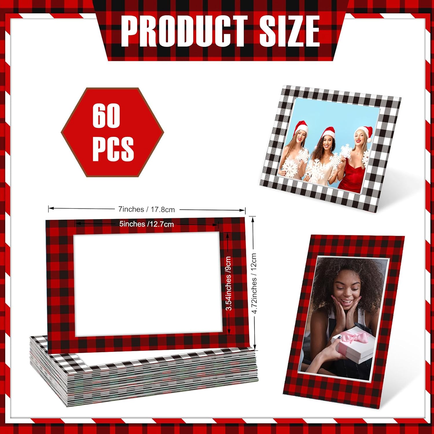 Leinuosen 60 Pcs Christmas Picture Frame Ornaments 4x6 Paper Photo Frames Bulk Cardboard Frames with Stand DIY Red and Green Photo Crafts Frame for Hanging Ornament Decorations (Plaid Theme)