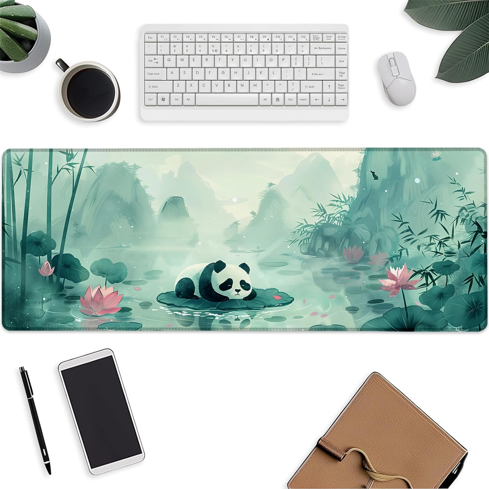 Cute Panda Mouse Pad，Animal Green Gaming Keyboard Mat，Laptop Computer Protector with Non-Slip Rubber Base，Large Extended MousePads Gifts for Desk Office Home，Deskmat Decor 31.5" x 11.8"