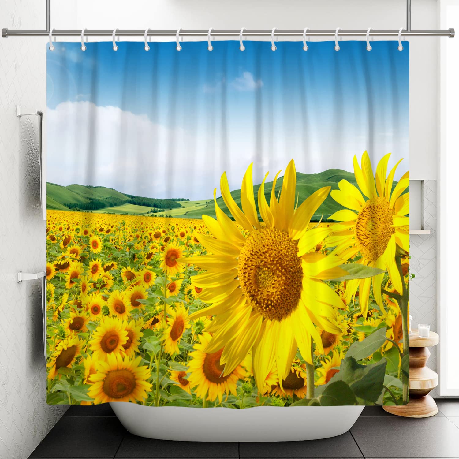 Bovlleetd Sunflower Shower Curtain Polyester Yellow Flower Garden 72x84inch Beautiful Spring Natural Landscape Waterproof Bathtub Curtain with Hooks — image 1