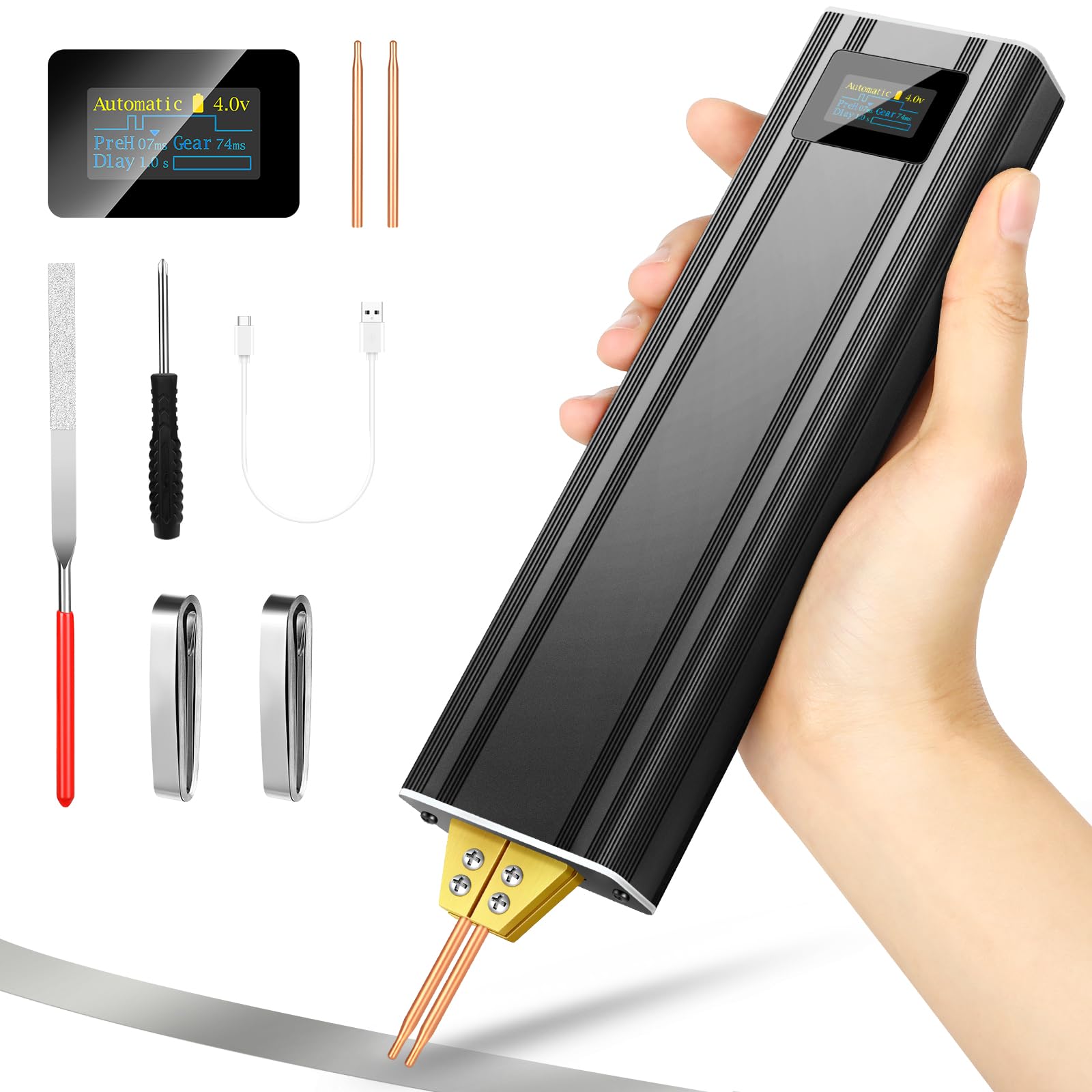 Akku-Punktschweißgerät mit 5.0Ah Akku: Upgraded Handheld Mini Portable Spot Welder für 18650 Batterie, Schweißen von Nickel Bleche 0,1-0,2mm, Eisen, Edelstahl Bleche, 80 Gang, Auto und Manuellen Modus