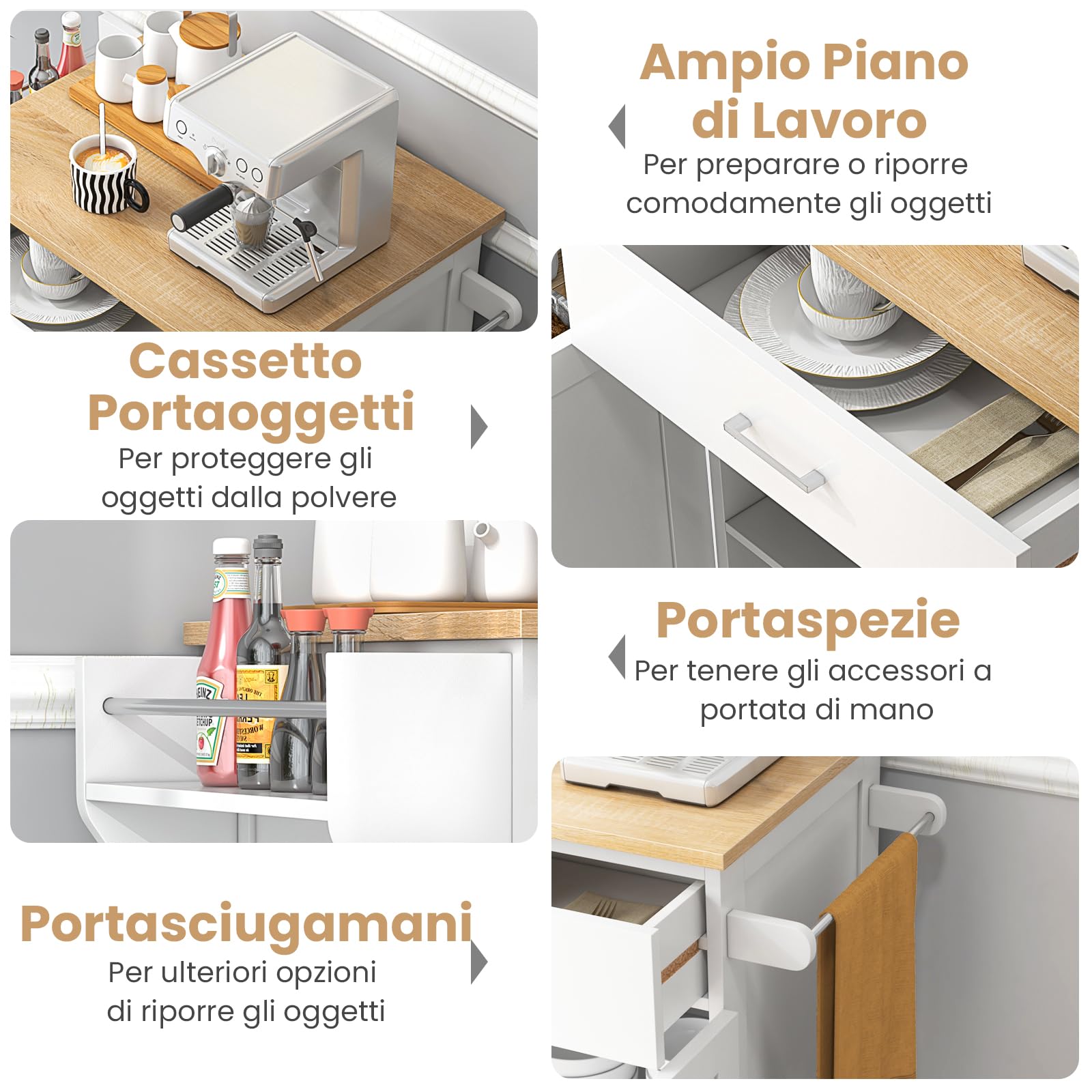 COSTWAY Isola da Cucina con Ruote, Carrello da Cucina con Cassetto e Armadio, Porta Spezie e Barre Porta Asciugamani, Armadietto Mobile con Ripiano Regolabile per Sala da Pranzo, 83x48x91 cm